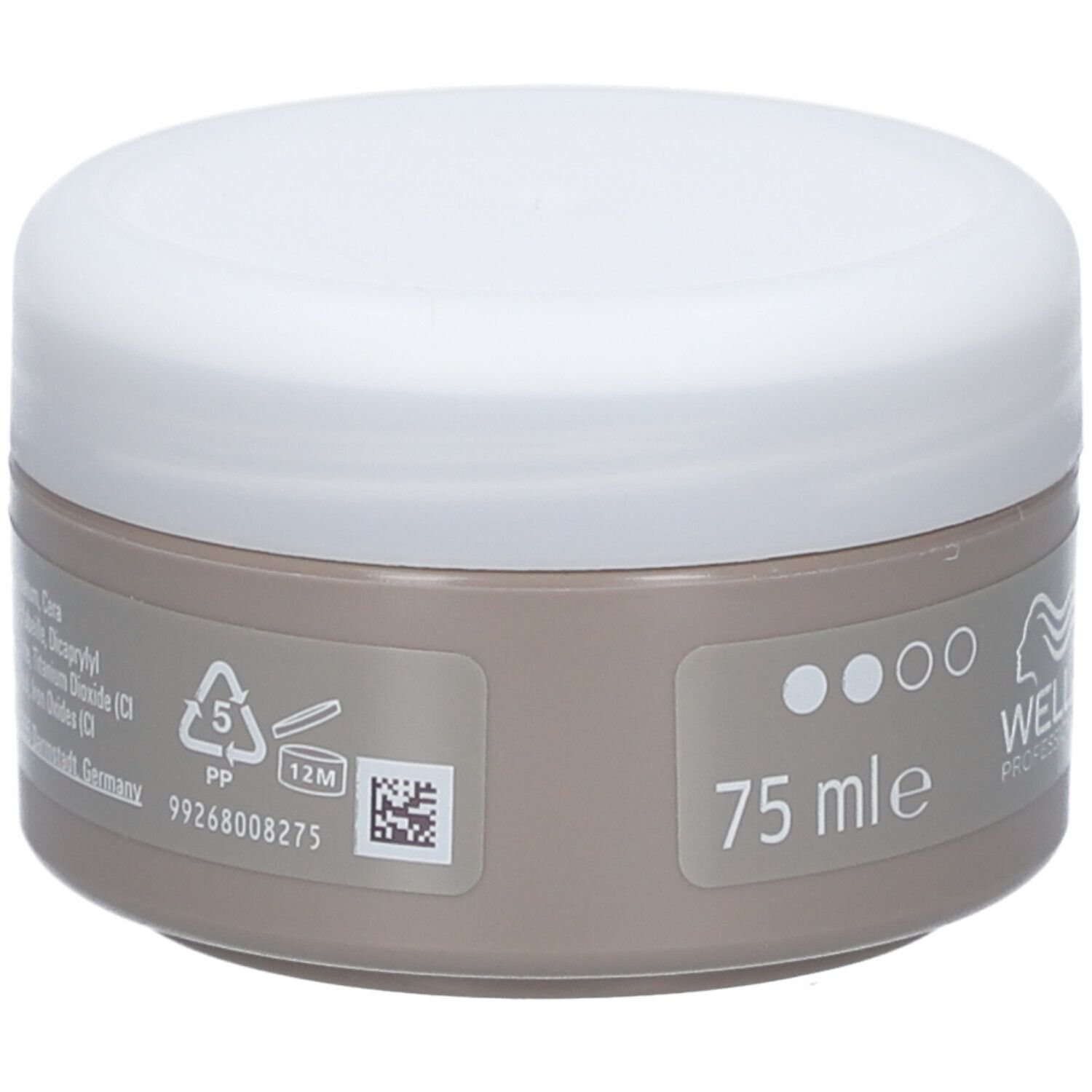 Barattolo rotondo con coperchio bianco. Scritta: 75 ml, Wella Professionals. Simbolo di riciclaggio, 12M.