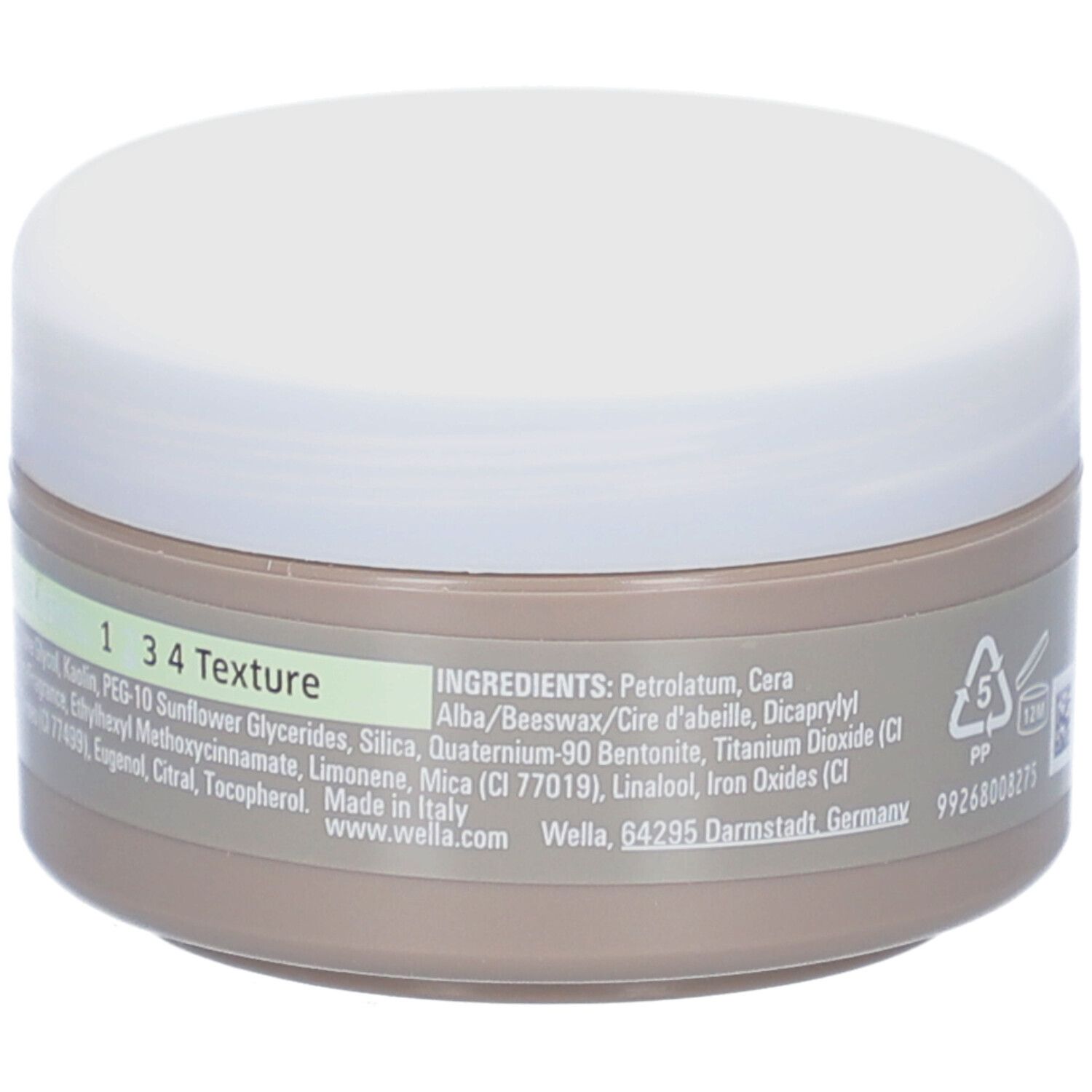 Barattolo rotondo con coperchio bianco. Scritta: Ingredienti, www.wella.com, Wella, 64295 Darmstadt, Germania.