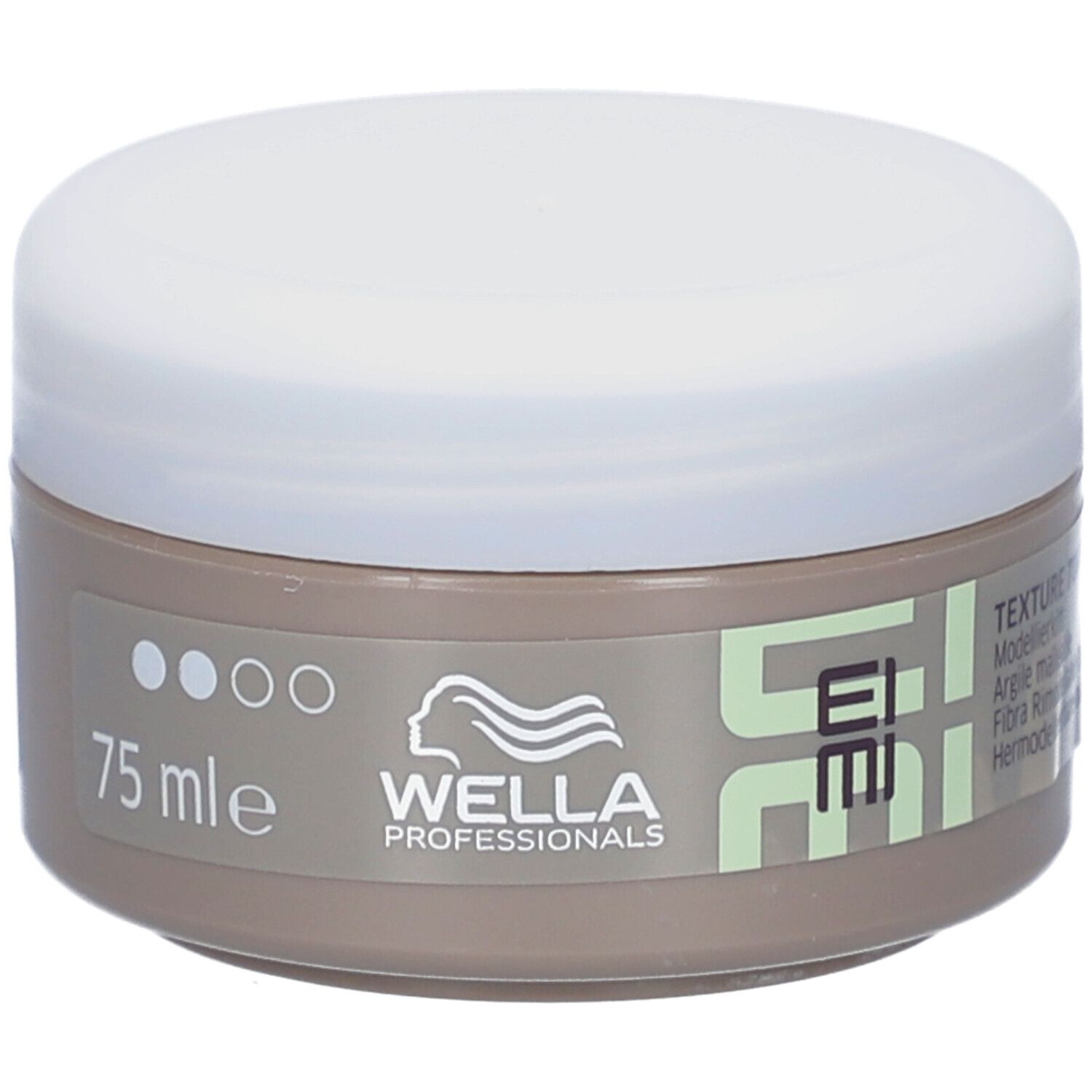 Barattolo rotondo con coperchio bianco. Scritta: EIMI, Wella Professionals, 75 ml. Texture Touch.