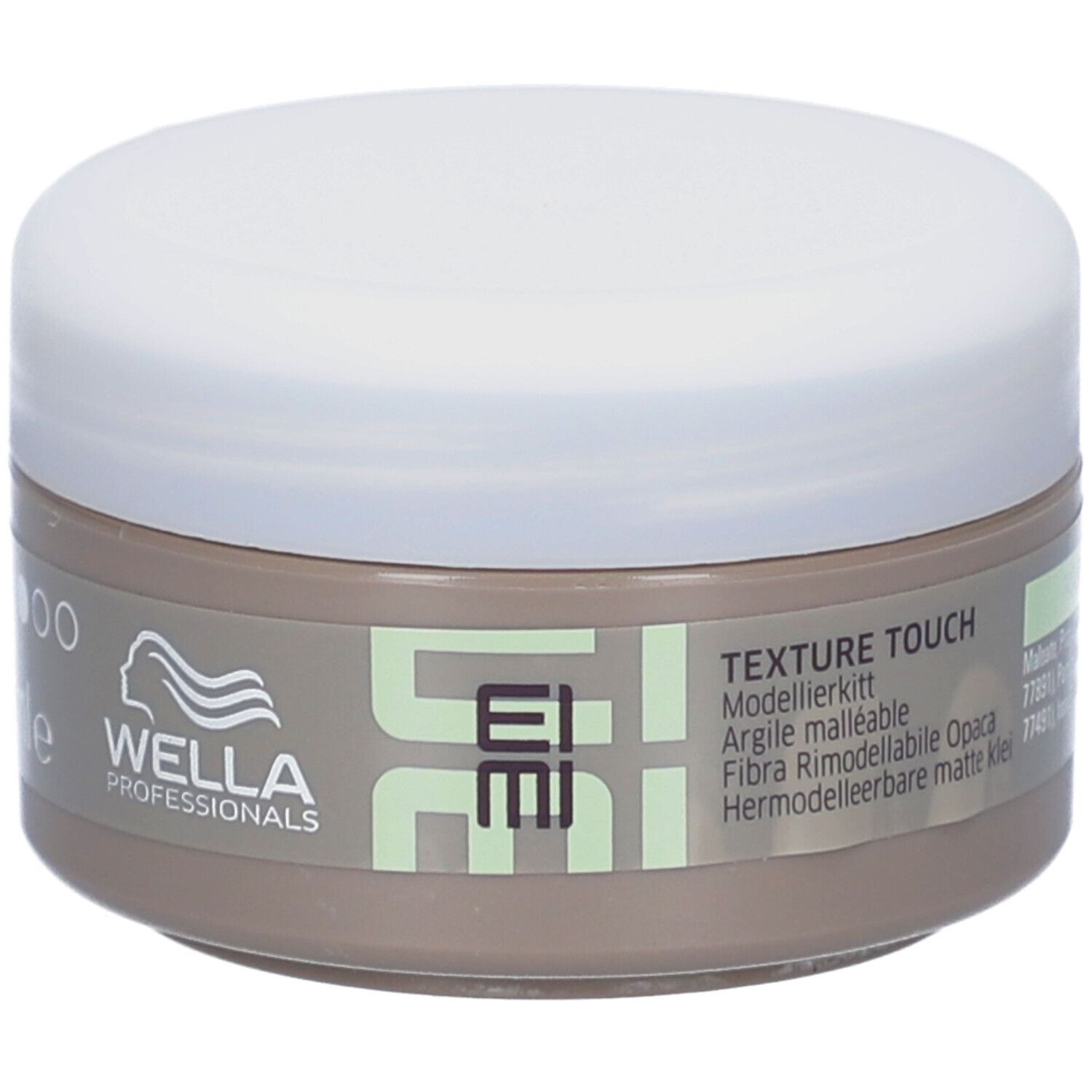 Barattolo rotondo con coperchio bianco. Scritta: EIMI, Texture Touch, Modellierkitt, 75 ml.