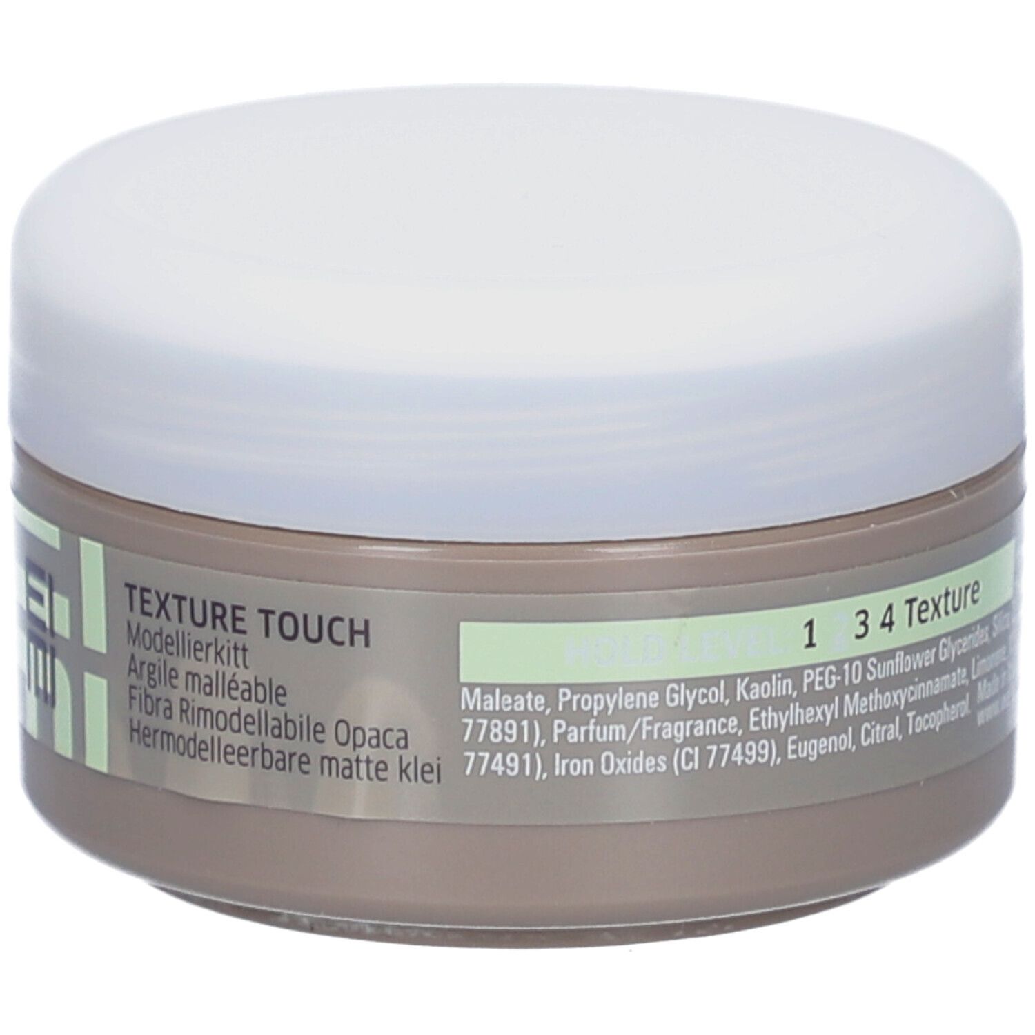 Barattolo rotondo con coperchio bianco. Scritta: EIMI, Texture Touch, 1 3 4 Texture, Ingredienti.