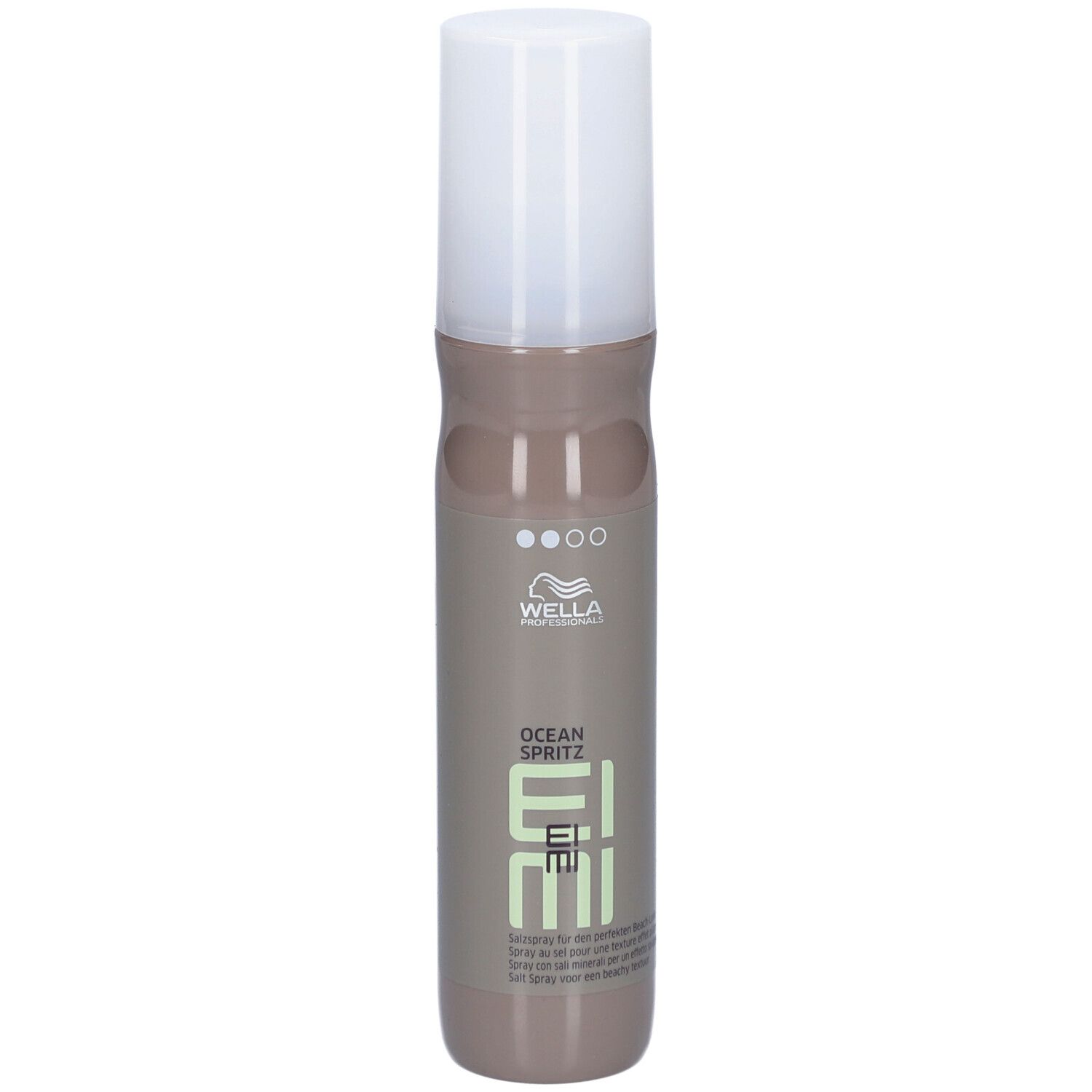 Flacone cilindrico con tappo bianco. Scritta: Wella Professionals, EIMI, OCEAN SPRITZ.