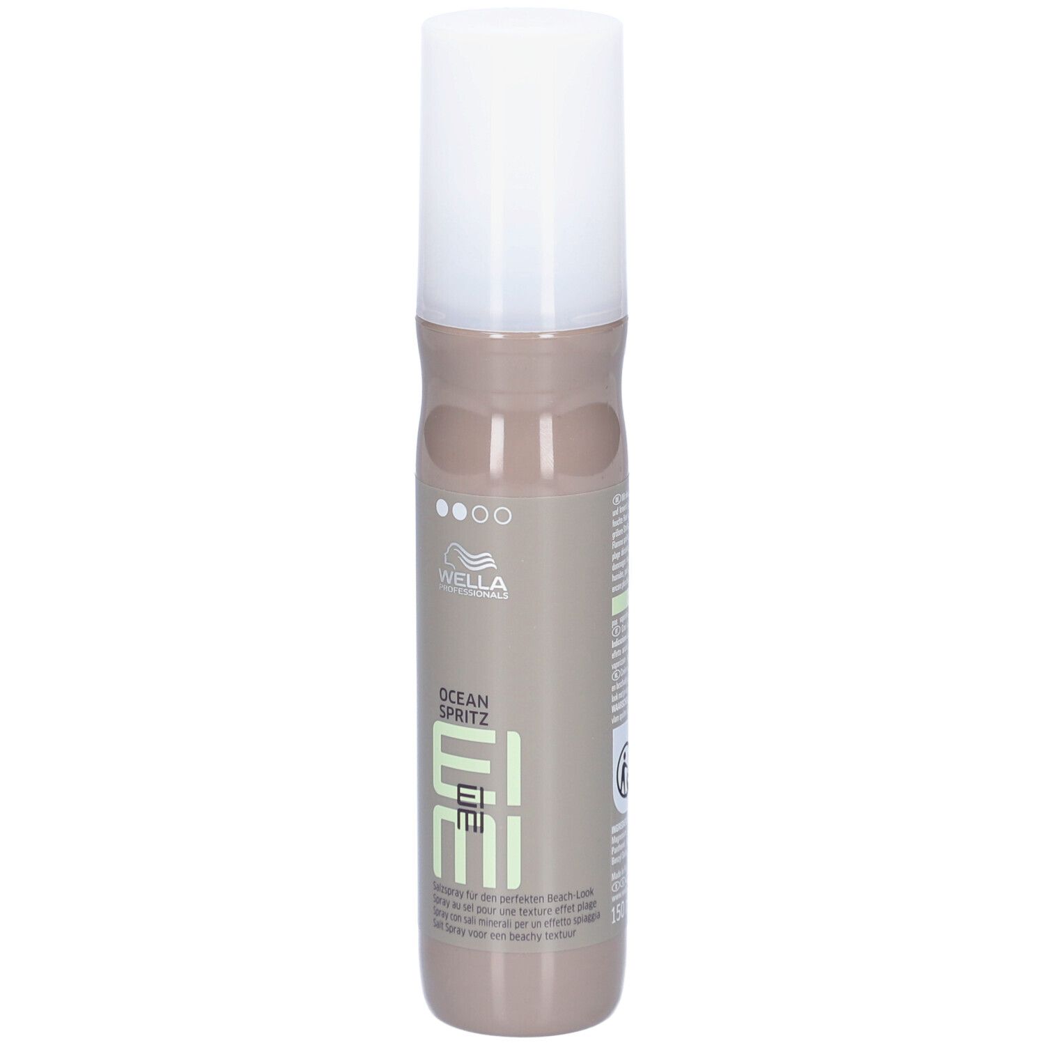 Flacone cilindrico con tappo bianco. Scritta: Wella Professionals, EIMI, OCEAN SPRITZ.