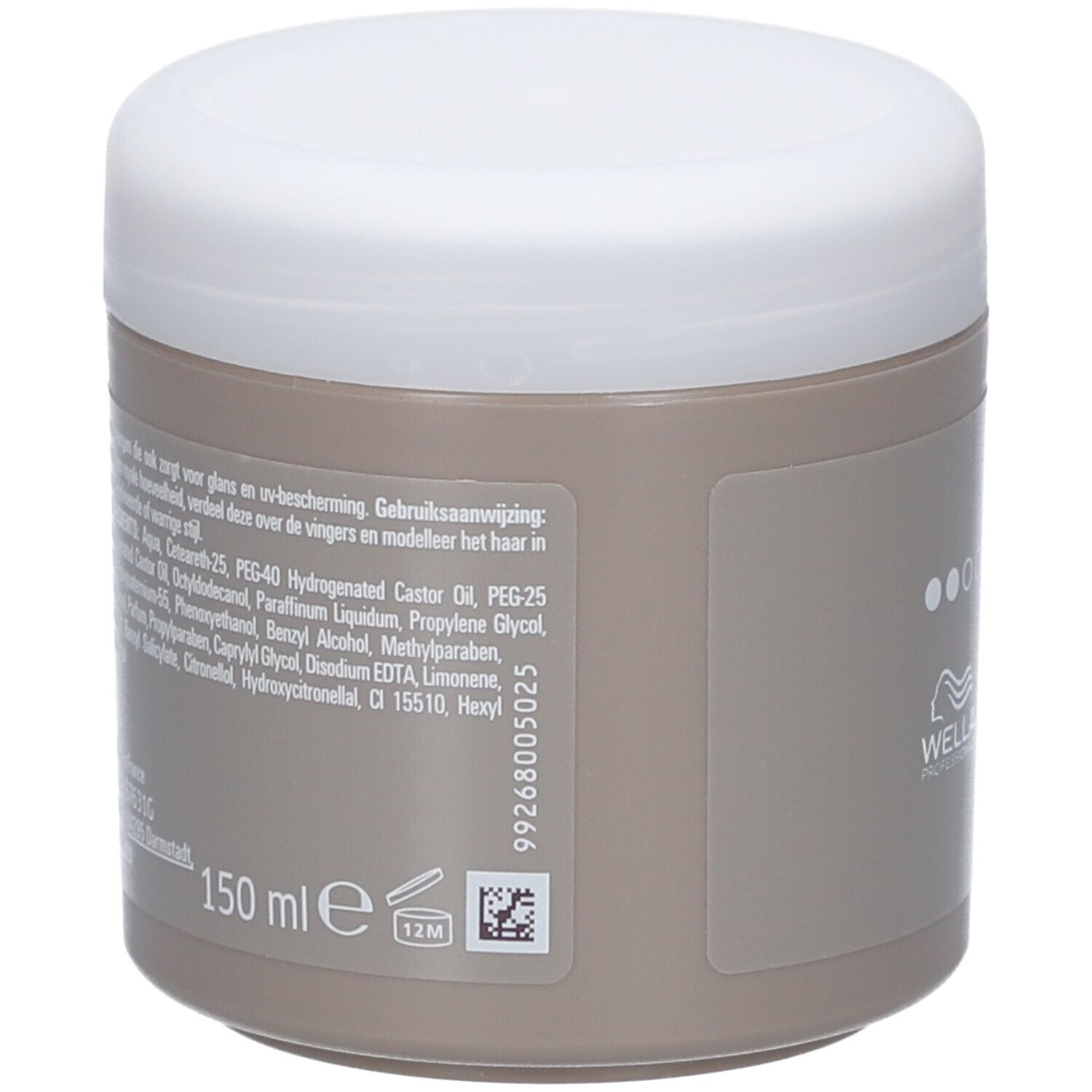 Retro del barattolo. Testo con ingredienti e istruzioni per l'uso. 150 ml.