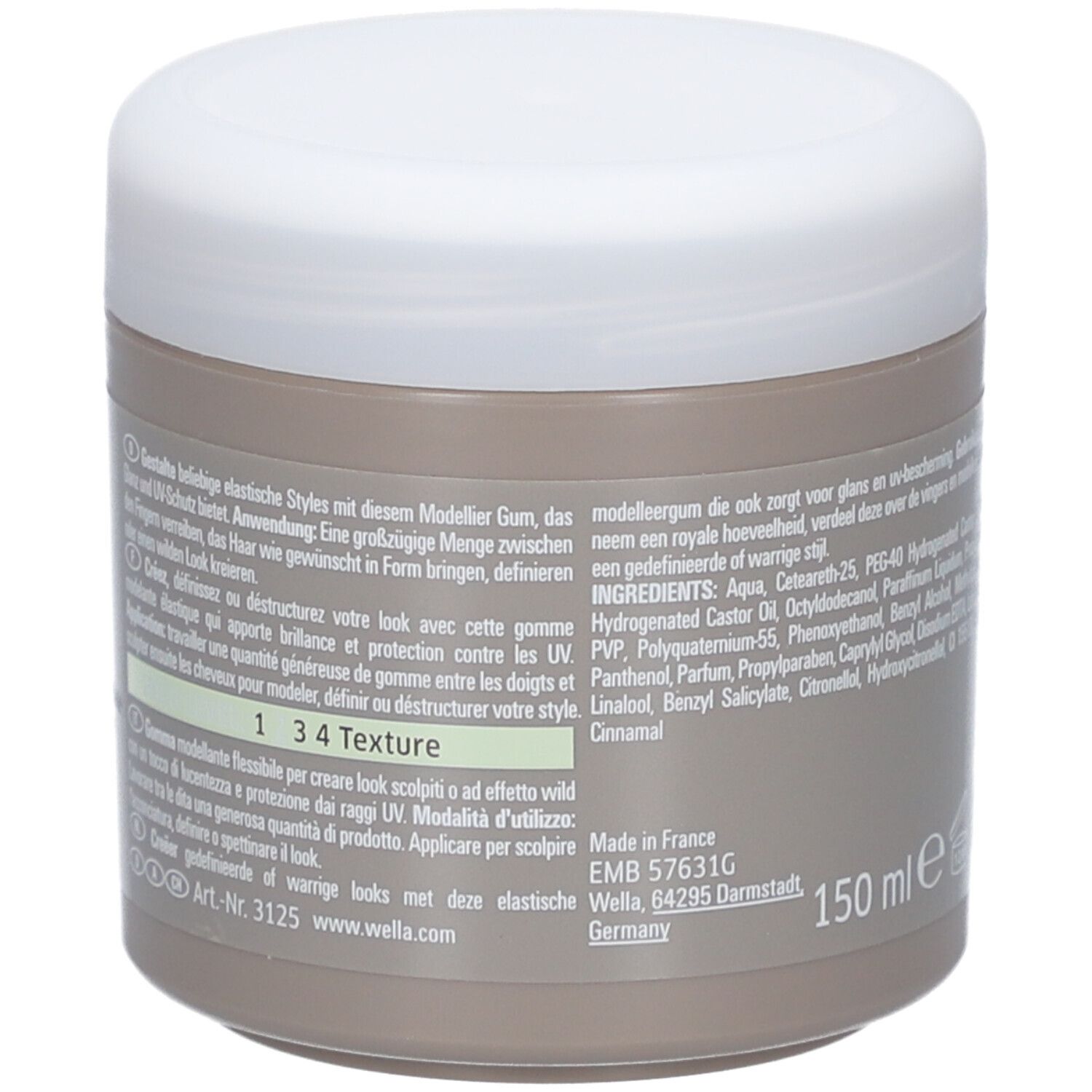 Retro del barattolo. Testo con ingredienti e istruzioni per l'uso. 150 ml.