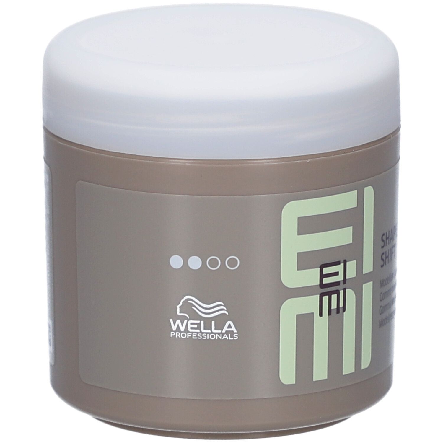 Barattolo beige con coperchio bianco. Scritta EIMI Shape Shift. Logo Wella Professionals.