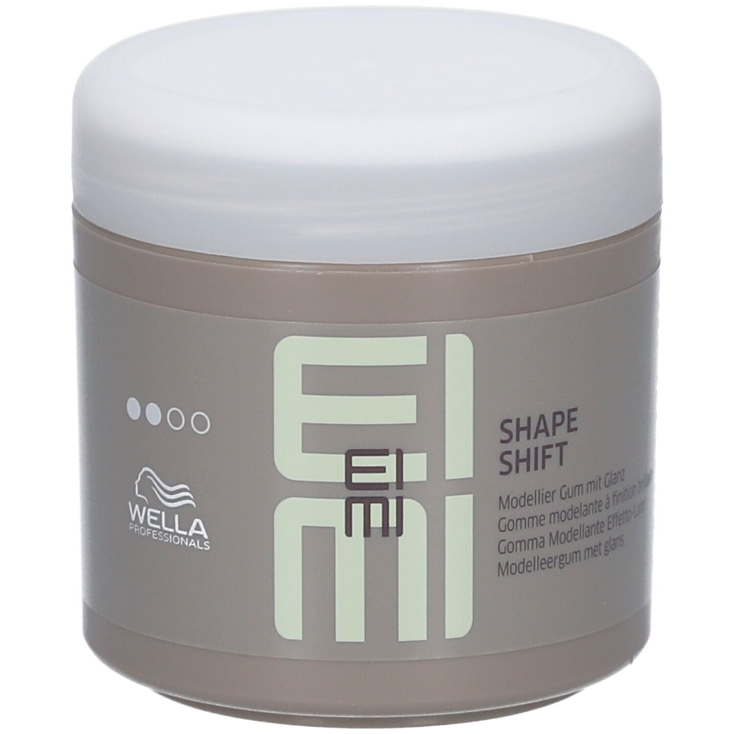Barattolo beige con coperchio bianco. Scritta EIMI Shape Shift. Logo Wella Professionals.