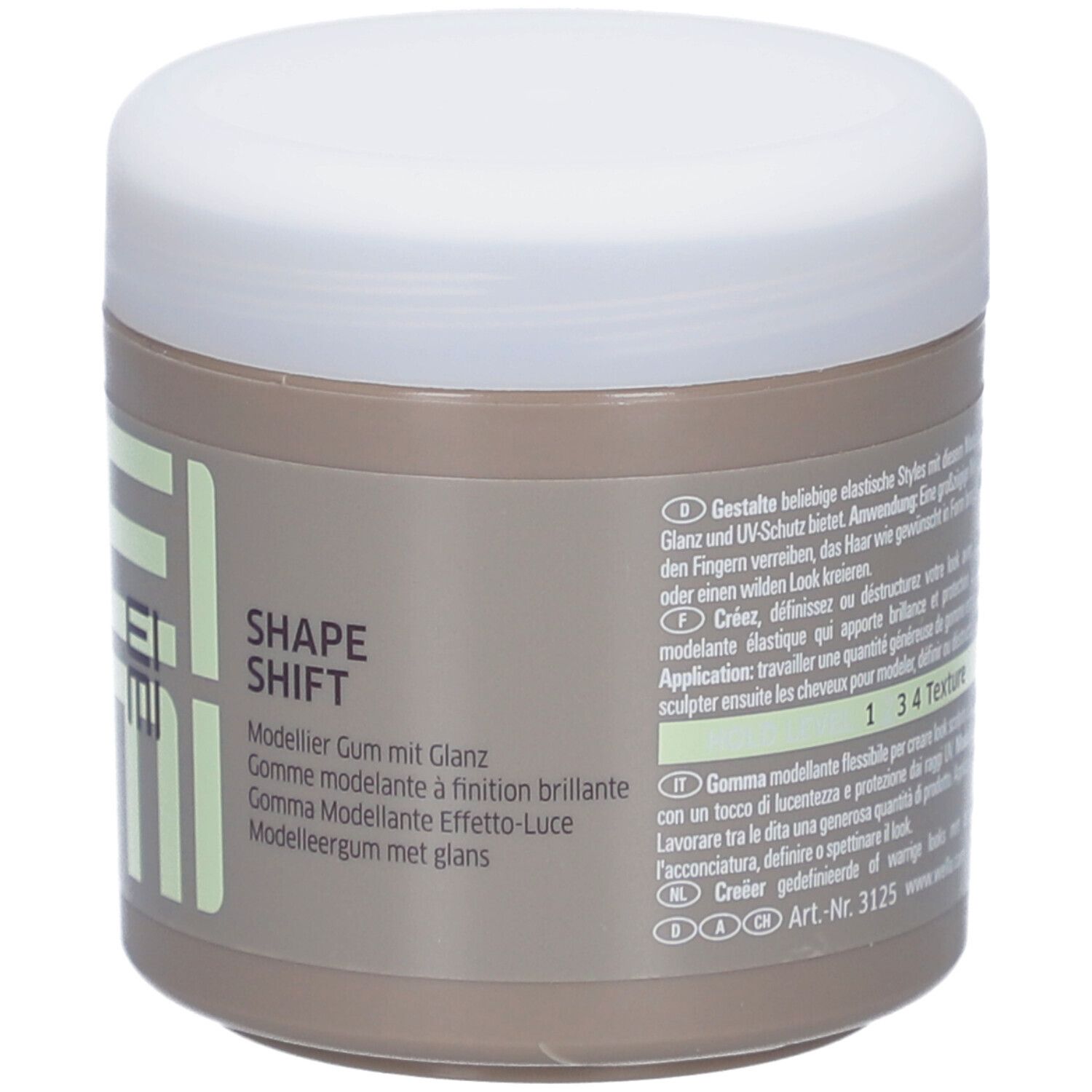 Barattolo beige con coperchio bianco. Scritta EIMI Shape Shift. Logo Wella Professionals.