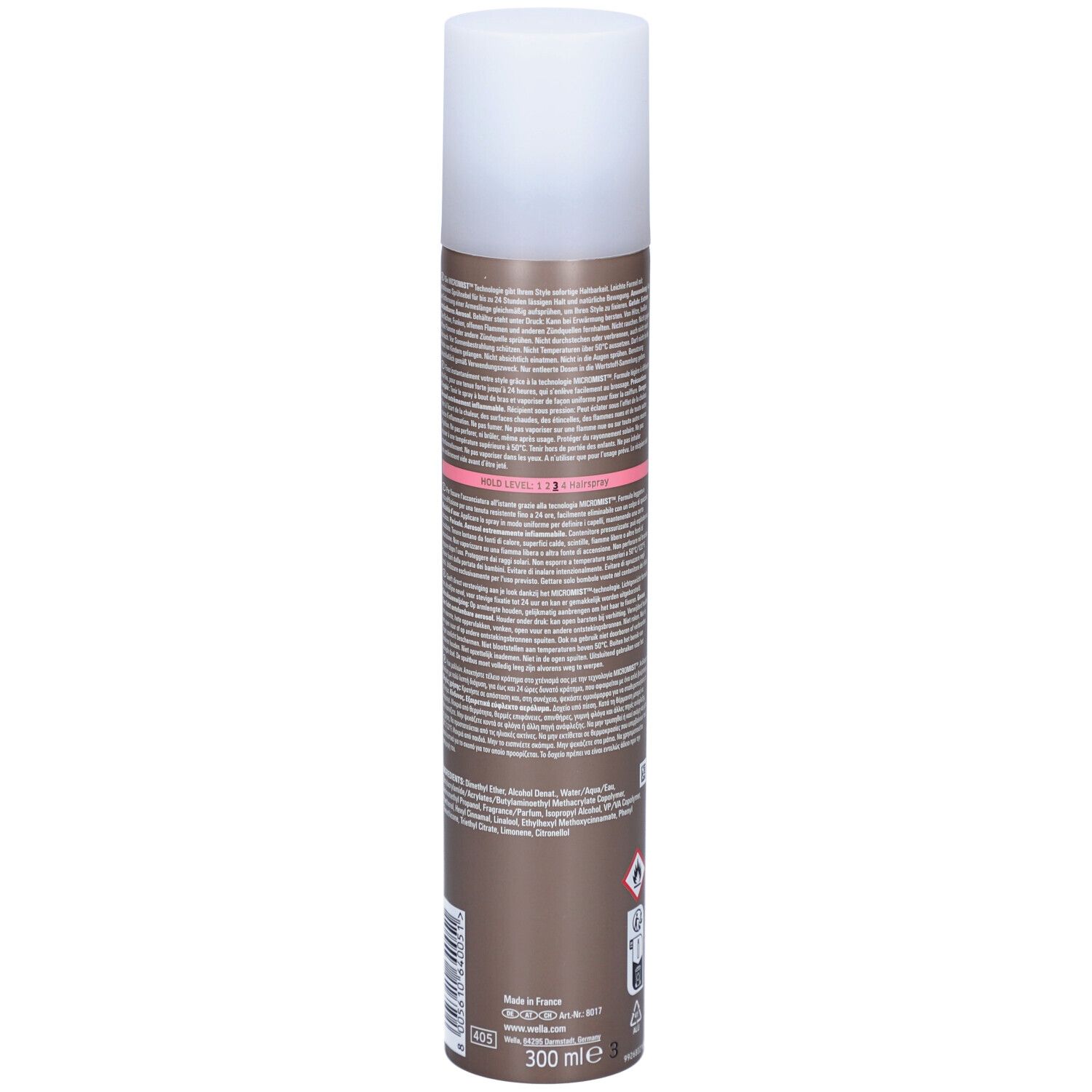 Lattina spray marrone con tappo bianco, contenuto 300 ml, con descrizione testuale dettagliata.