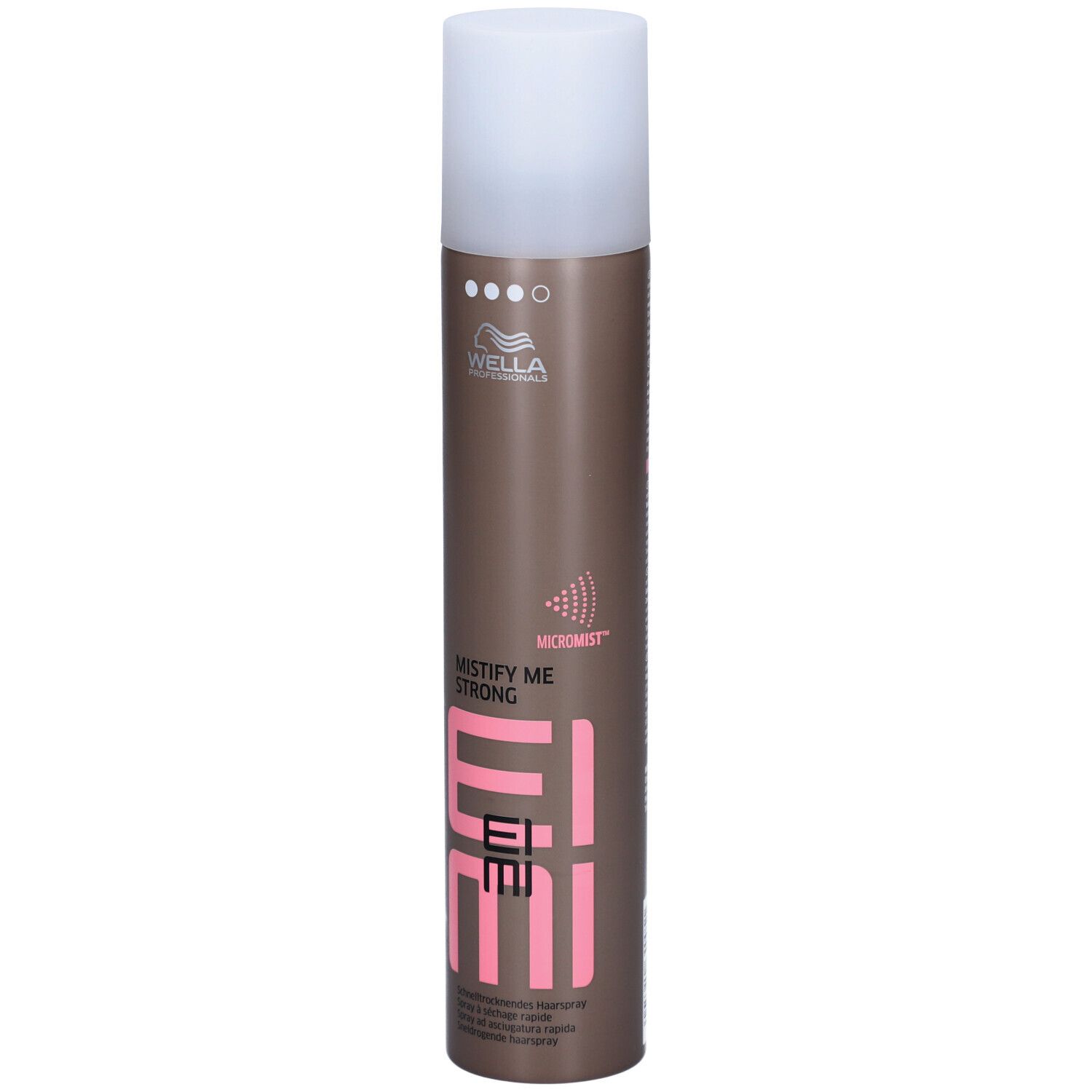 Lattina marrone di lacca per capelli con tappo bianco. Etichetta: Wella EIMI Mistify Me Strong.