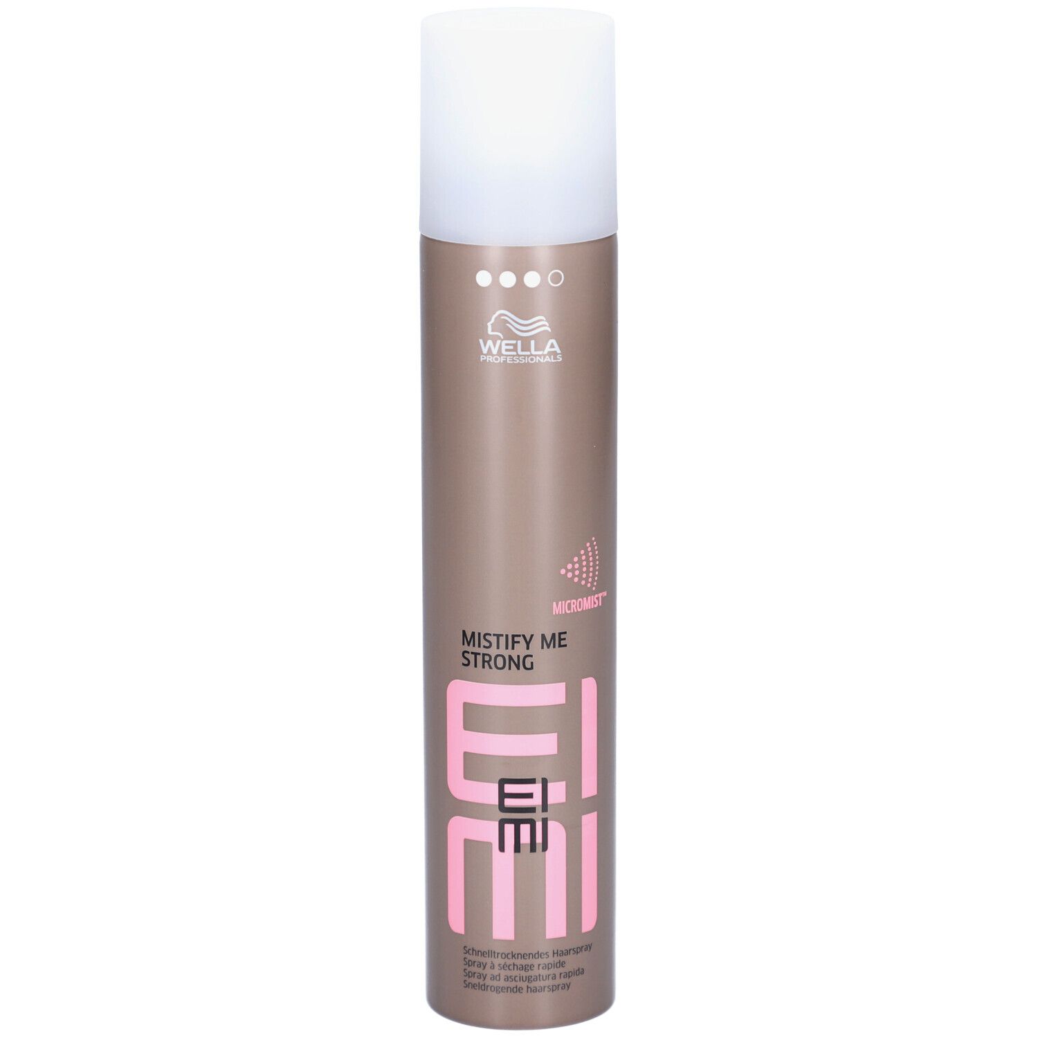 Wella EIMI Mistify Me Strong lacca in lattina marrone con tappo bianco. Contiene informazioni sul prodotto.