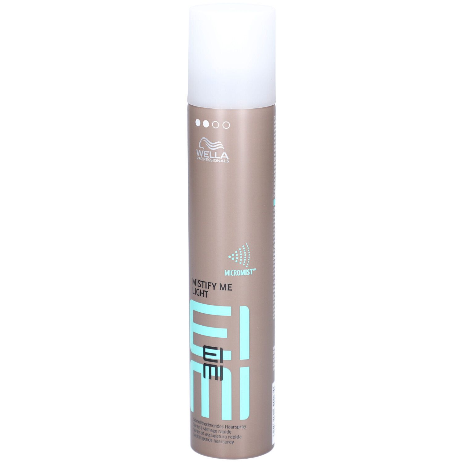 Bomboletta spray per capelli con tappo bianco. Scritta: MISTIFY ME LIGHT, EIMI, WELLA. Barattolo marrone con dettagli turchesi.