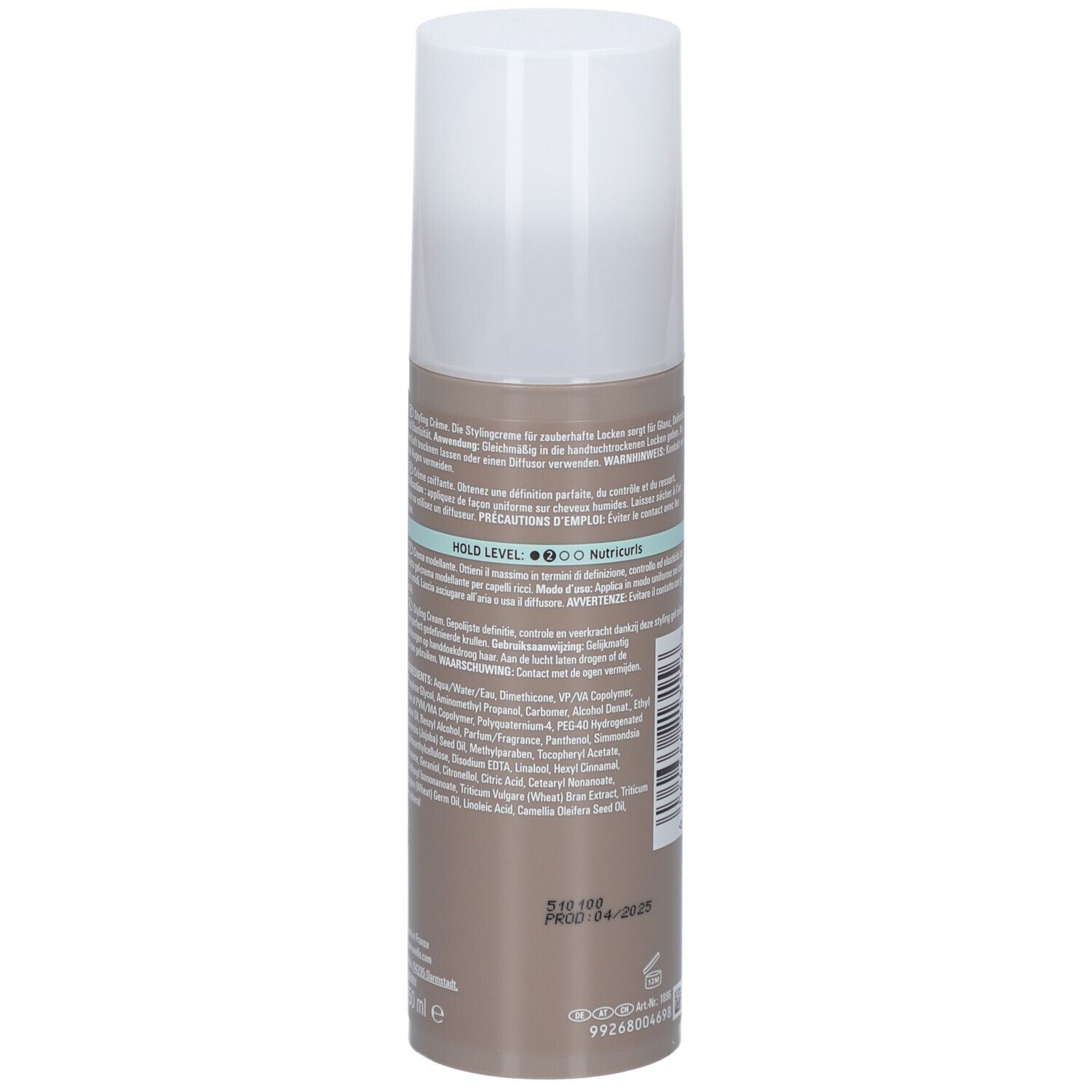 Flacone spray marrone con tappo bianco, retro con testo e indicazione del livello di tenuta.