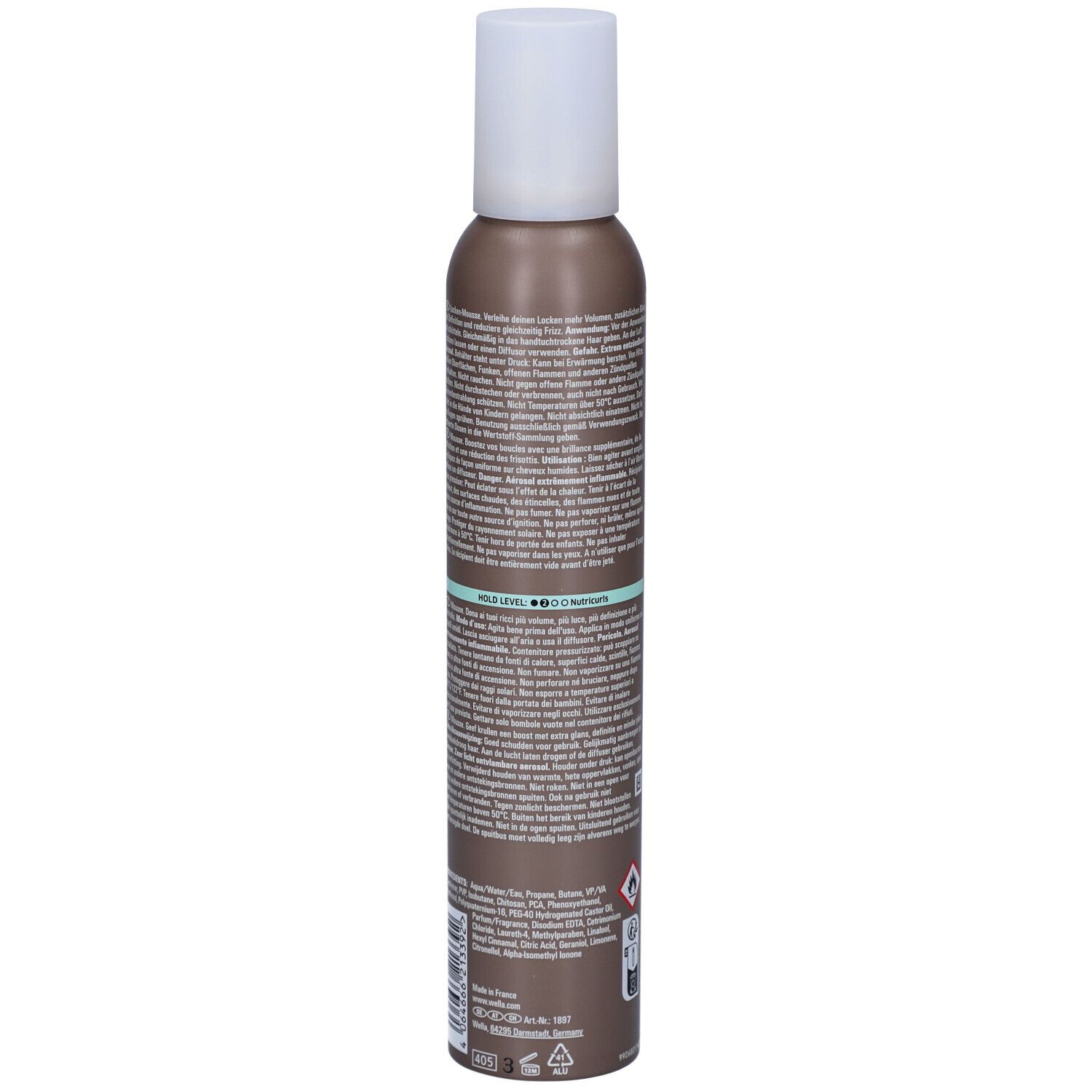 Flacone di mousse per capelli. Marrone, tappo bianco. Retro con testo. Avvertenze e simboli.