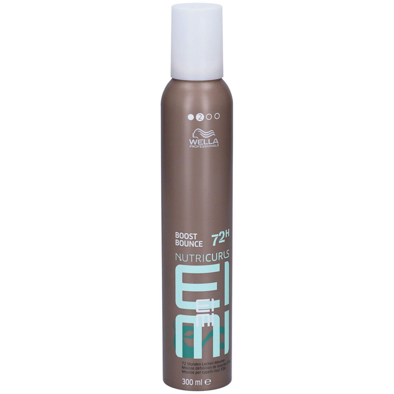 Flacone di mousse per capelli. Marrone, tappo bianco. Testo: Boost Bounce, Nutricurls, EIMI, 72H. 300 ml.
