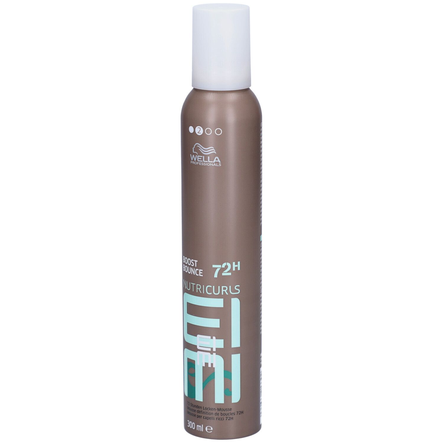 Flacone di mousse per capelli. Marrone, tappo bianco. Testo: Boost Bounce, Nutricurls, EIMI, 72H. 300 ml.