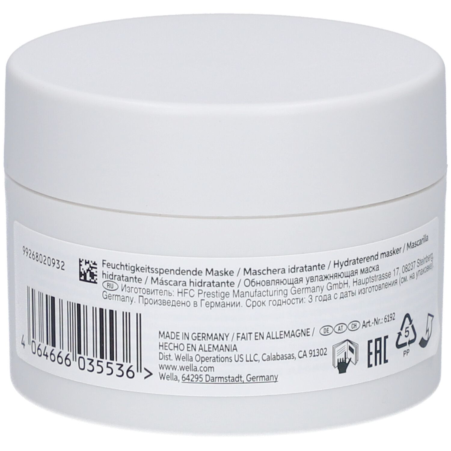 Vaso bianco con testo e codice a barre. Scritta: Maschera idratante. Prodotto in Germania.