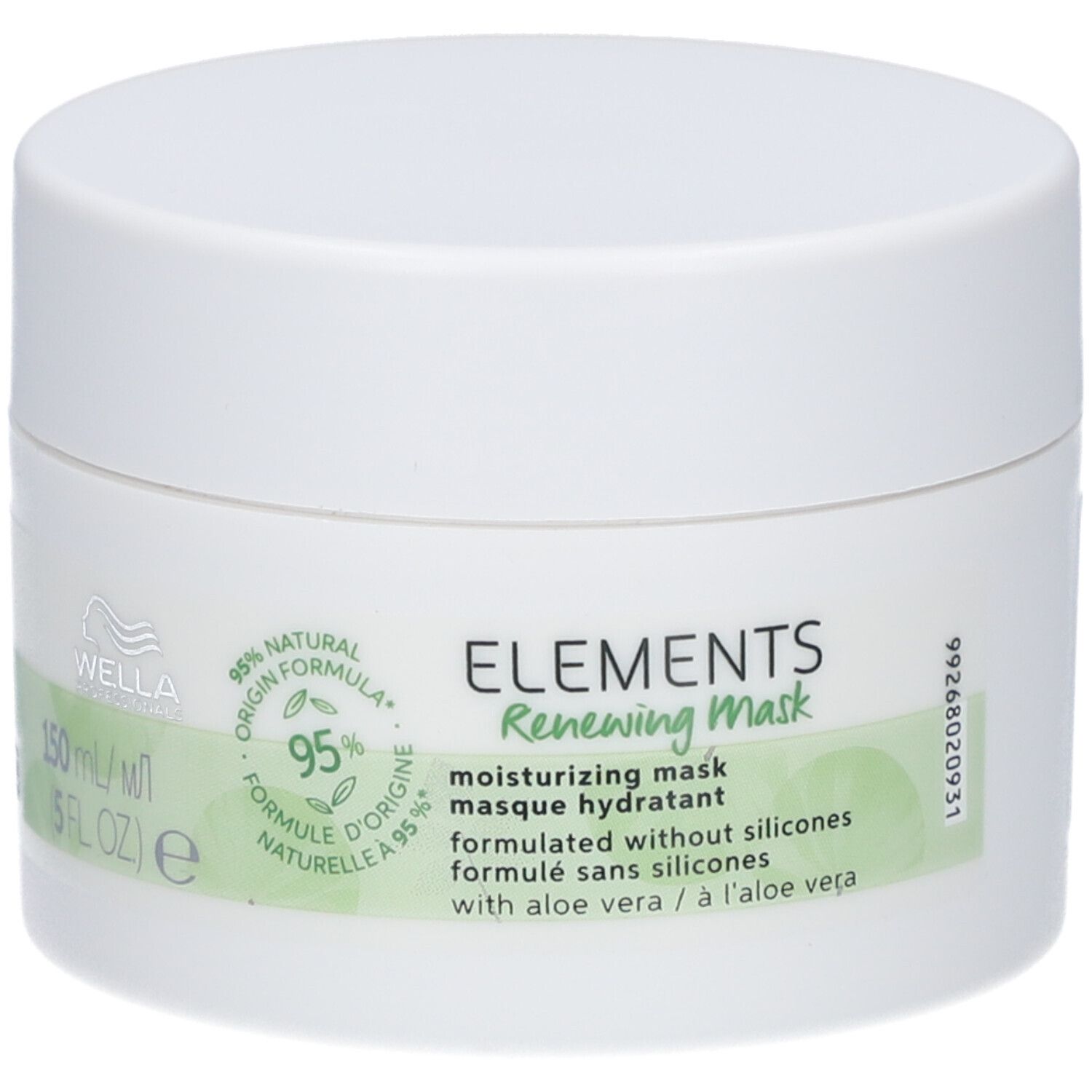 Vaso bianco con etichetta verde. Scritta: ELEMENTS Renewing Mask. 95% ingredienti naturali. 150 ml.