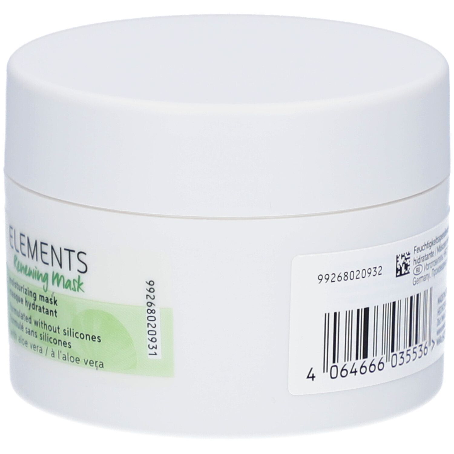 Vaso bianco con etichetta verde. Scritta: ELEMENTS Renewing Mask. Retro con testo e codice a barre.