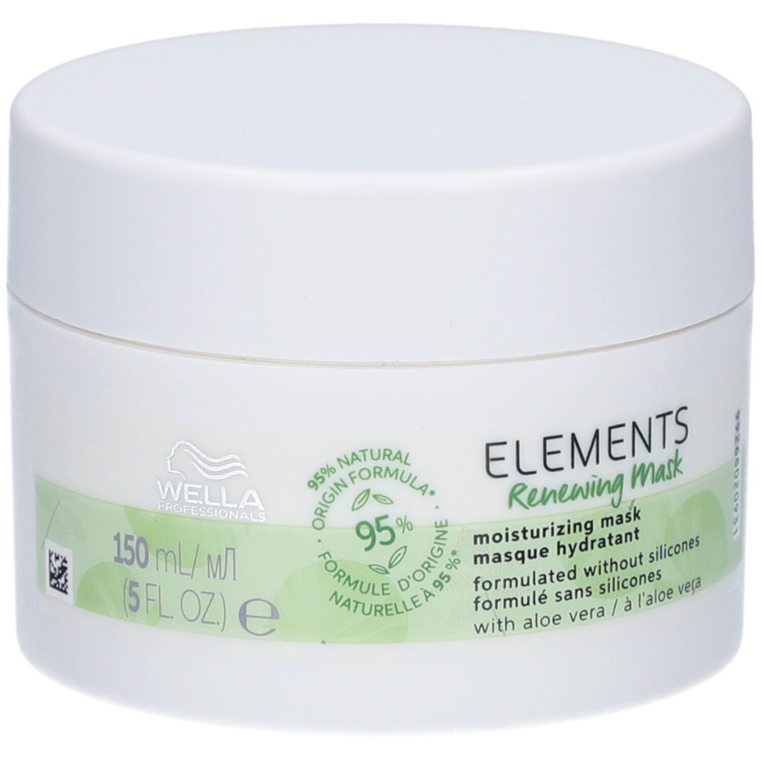 Vaso bianco con etichetta verde. Scritta: ELEMENTS Renewing Mask. 95% ingredienti naturali. 150 ml.