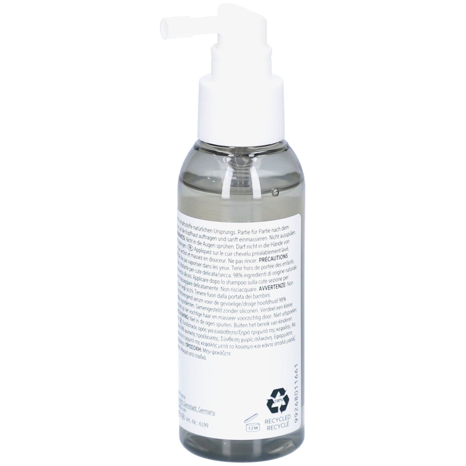 Retro di un flacone trasparente con erogatore bianco. Testo su etichetta verde e bianca. Simbolo di riciclo.