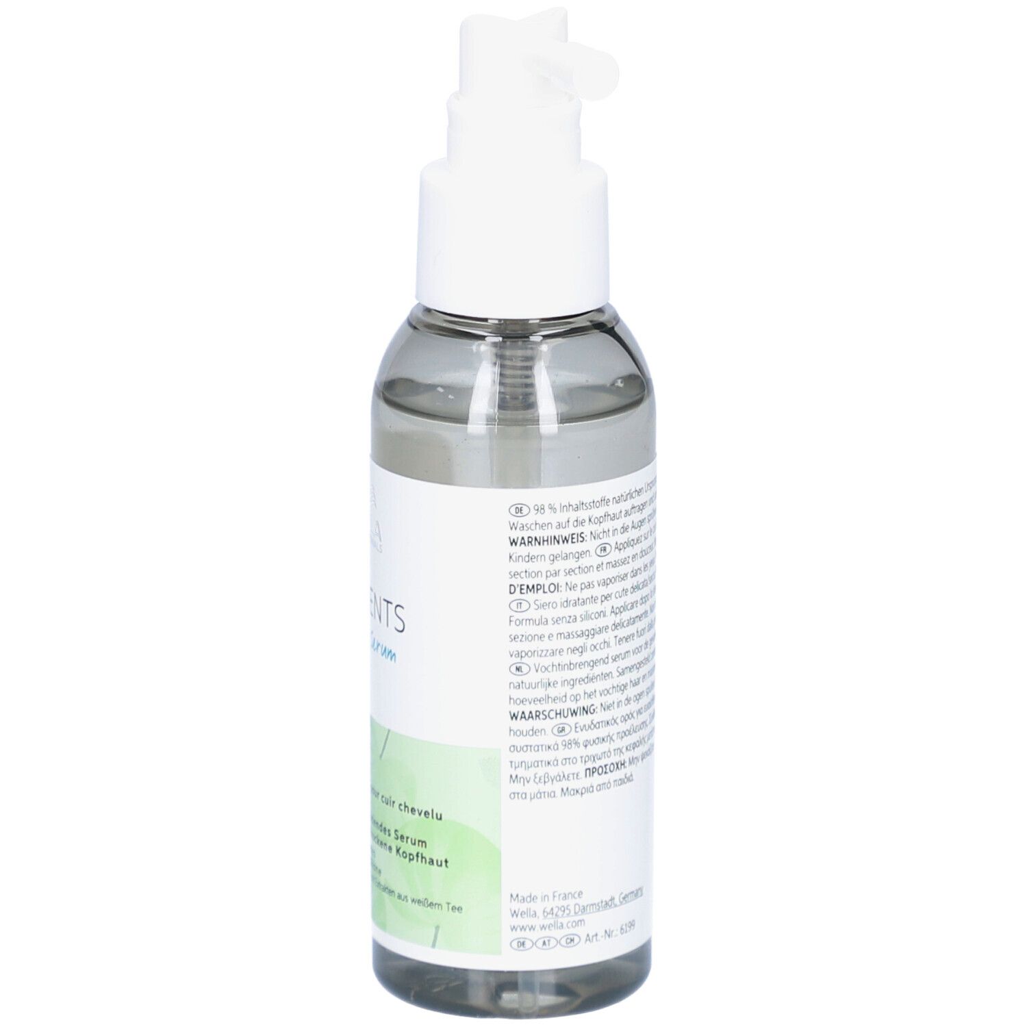 Retro di un flacone trasparente con erogatore bianco. Testo su etichetta verde e bianca. Simbolo di riciclo.