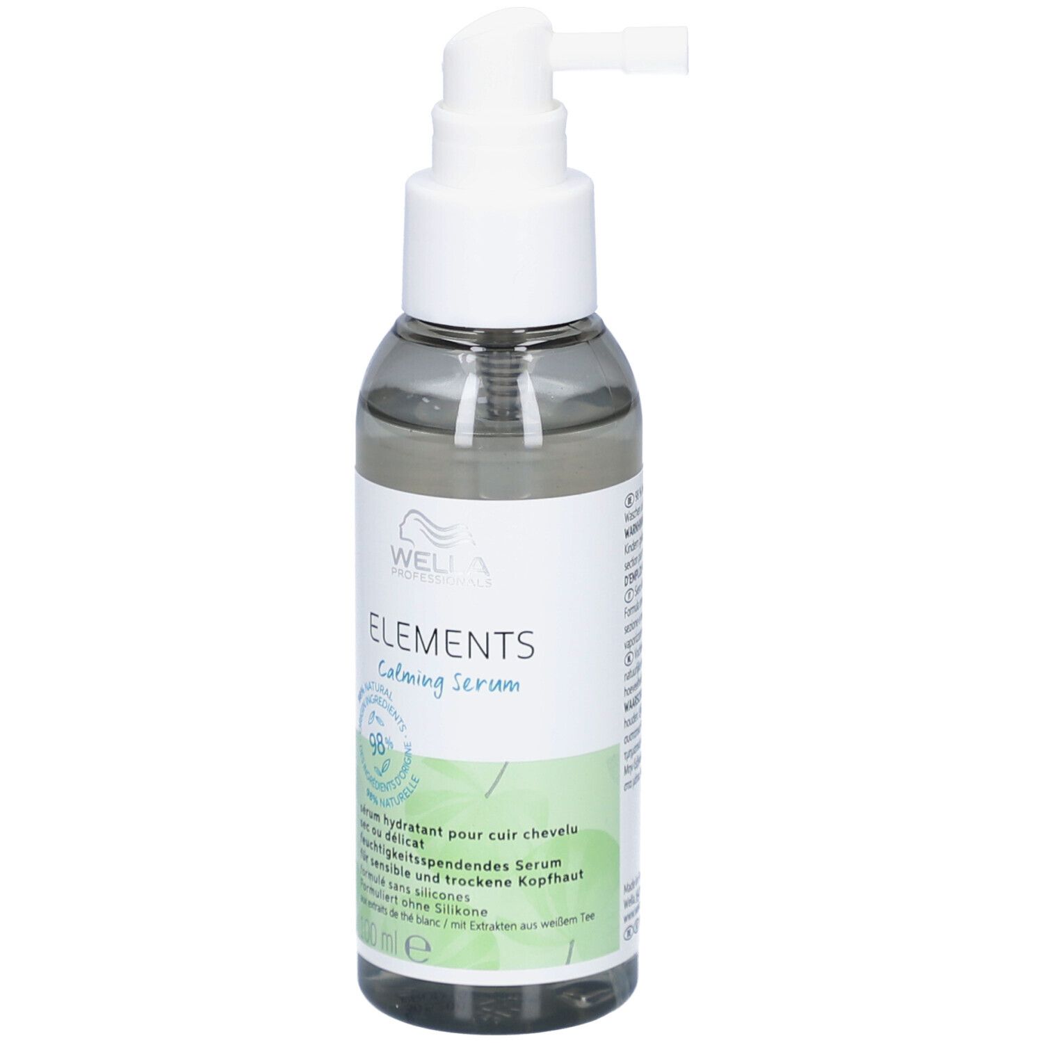 Flacone trasparente con erogatore bianco. Scritta: ELEMENTS Calming Serum. Etichetta verde e bianca con testo.