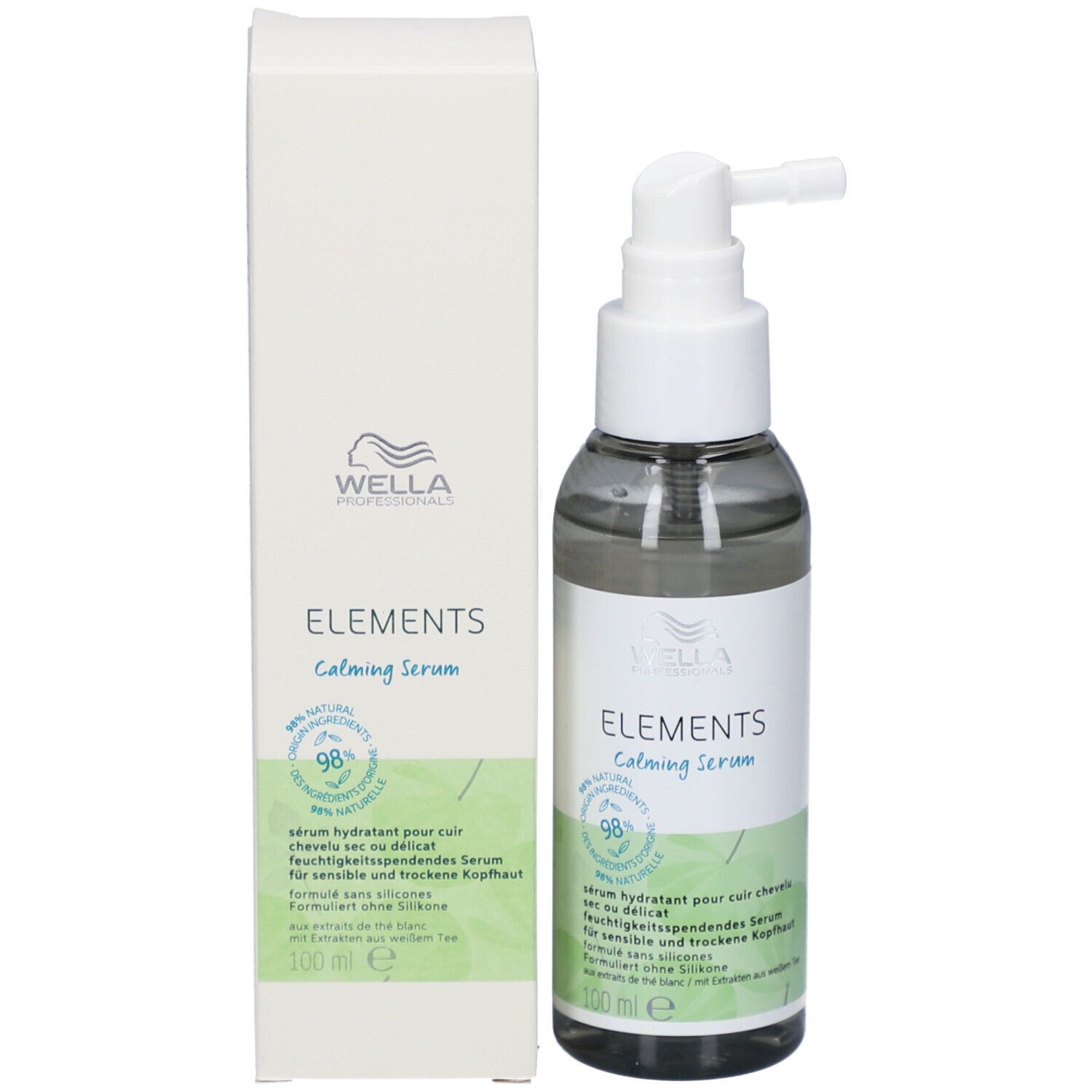 Flacone e scatola. Flacone: trasparente con erogatore bianco. Scritta: ELEMENTS Calming Serum. Scatola: bianca.