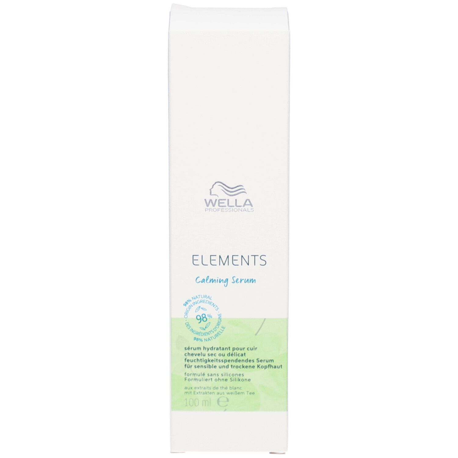 Scatola bianca con scritta: ELEMENTS Calming Serum. Etichetta verde e bianca con testo. Logo.
