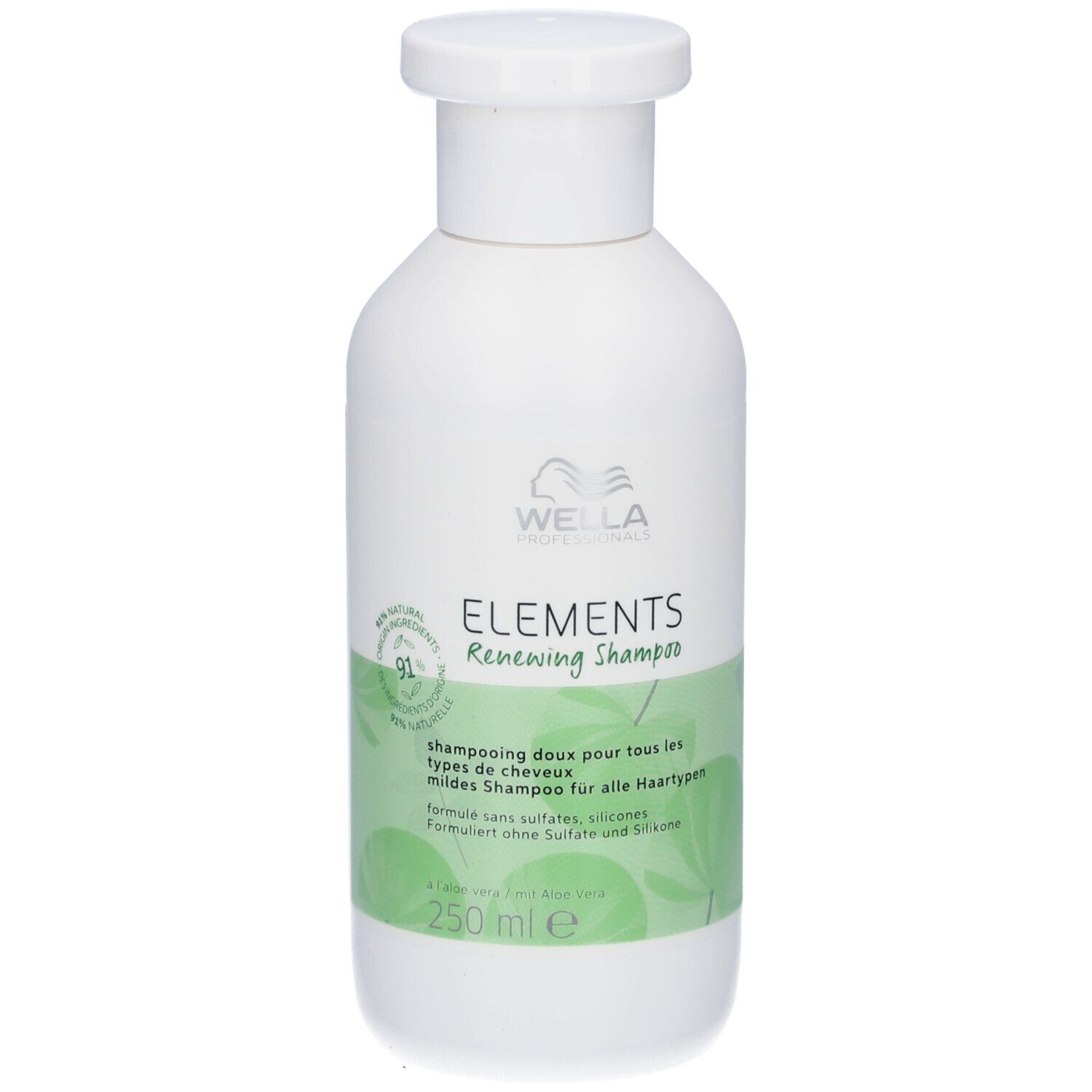 Flacone di shampoo bianco con etichetta verde. Testo e logo. 250 ml. Senza solfati e siliconi.