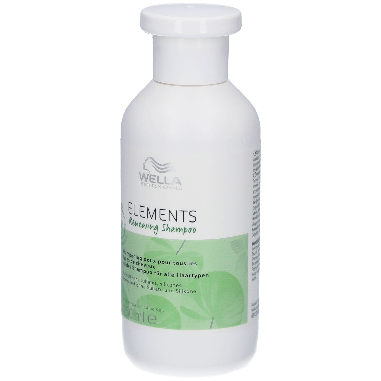 Flacone di shampoo bianco con etichetta verde. Testo e logo. 250 ml. Senza solfati e siliconi.