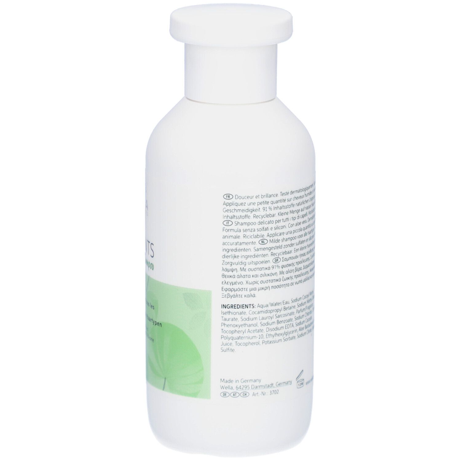 Retro del flacone di shampoo bianco. Testo sull'etichetta. Ingredienti, simbolo di riciclaggio e codice a barre.