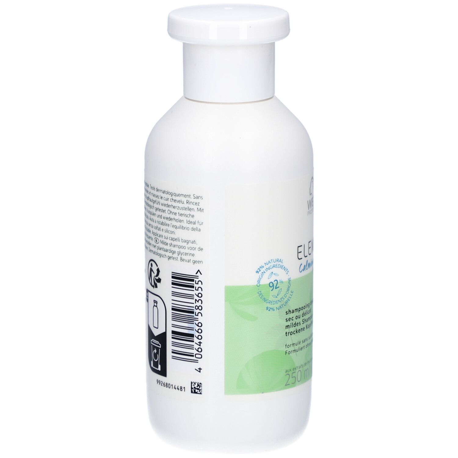 Retro di un flacone di shampoo bianco. Etichetta con testo e codice a barre. Scritta: Wella Elements Calming Shampoo.