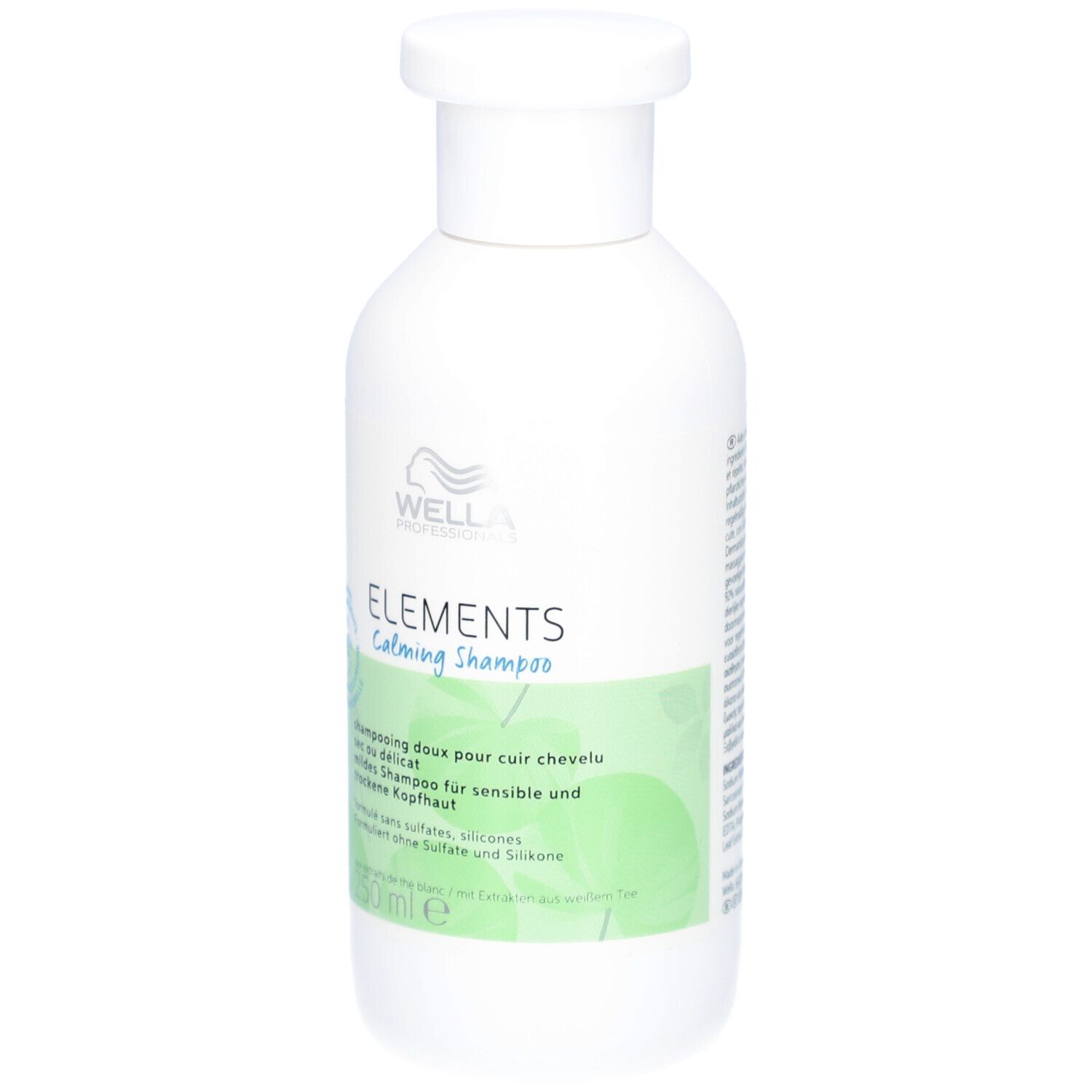 Flacone di shampoo bianco con etichetta verde. Scritta: Wella Elements Calming Shampoo. 250 ml.