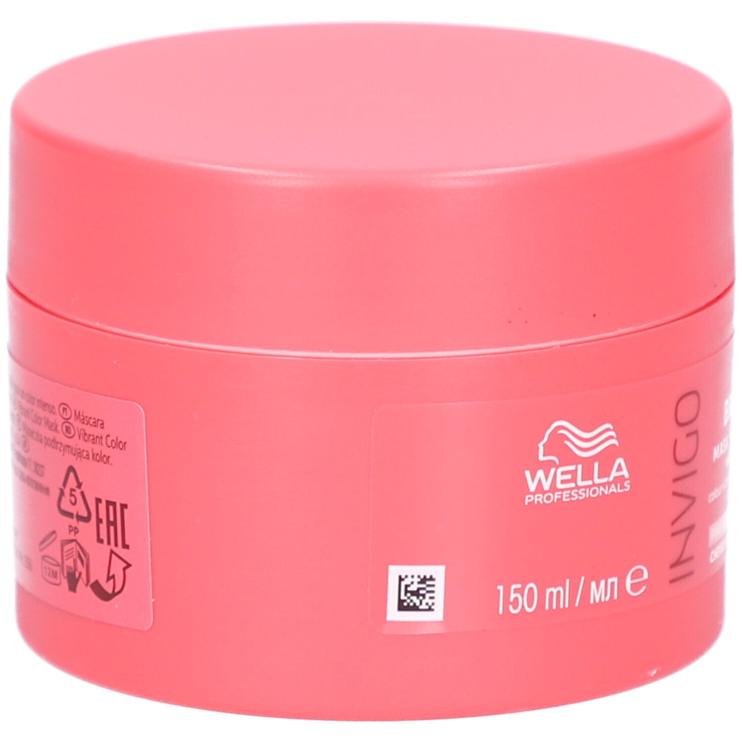 Vaso rosa con scritte. Scritta: Invigo. Contiene 150 ml. Con simboli di riciclaggio.