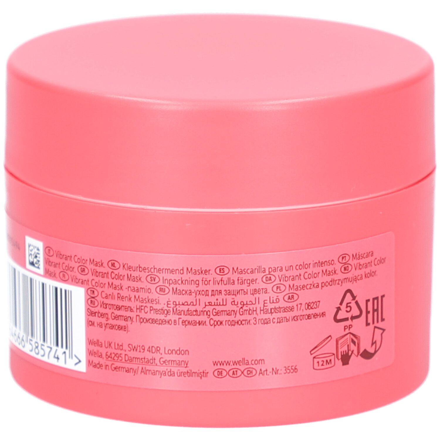 Vaso rosa con scritte e codice a barre. Scritta: Vibrant Color Mask. Con simboli di riciclaggio.