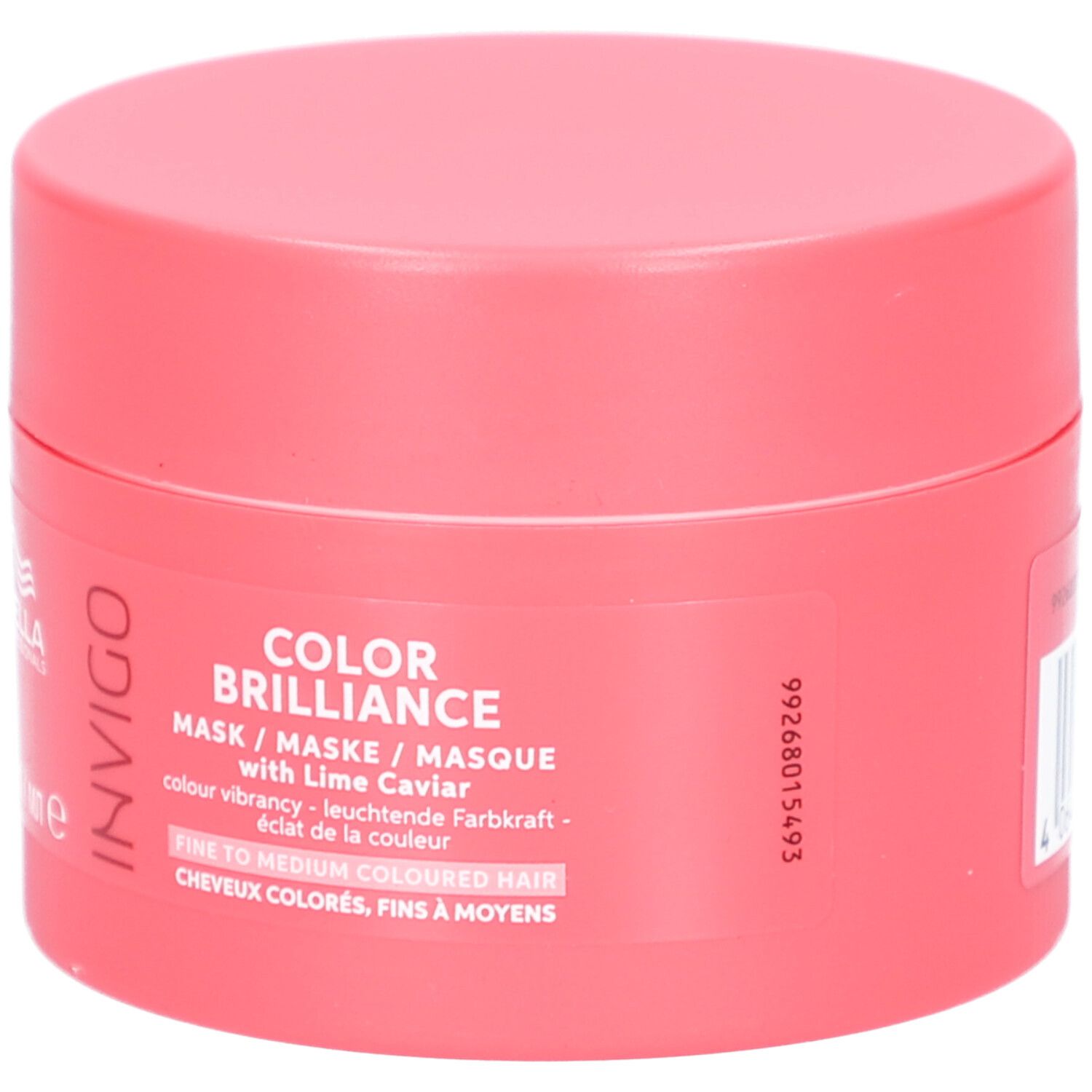 Vaso rosa rotondo. Scritta: Invigo, Color Brilliance, Maschera. Contiene 150 ml.