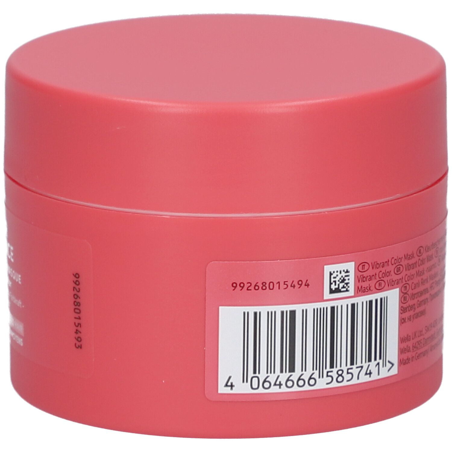 Vaso rosa con scritte e codice a barre. Scritta: Vibrant Color Mask. Con codice a barre.