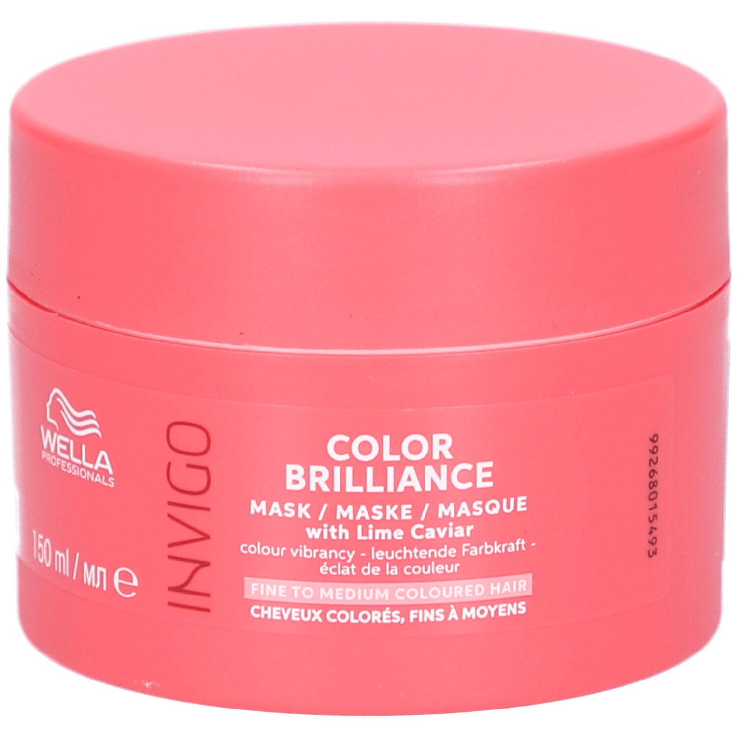 Vaso rosa rotondo. Scritta: Invigo, Color Brilliance, Maschera. Contiene 150 ml.