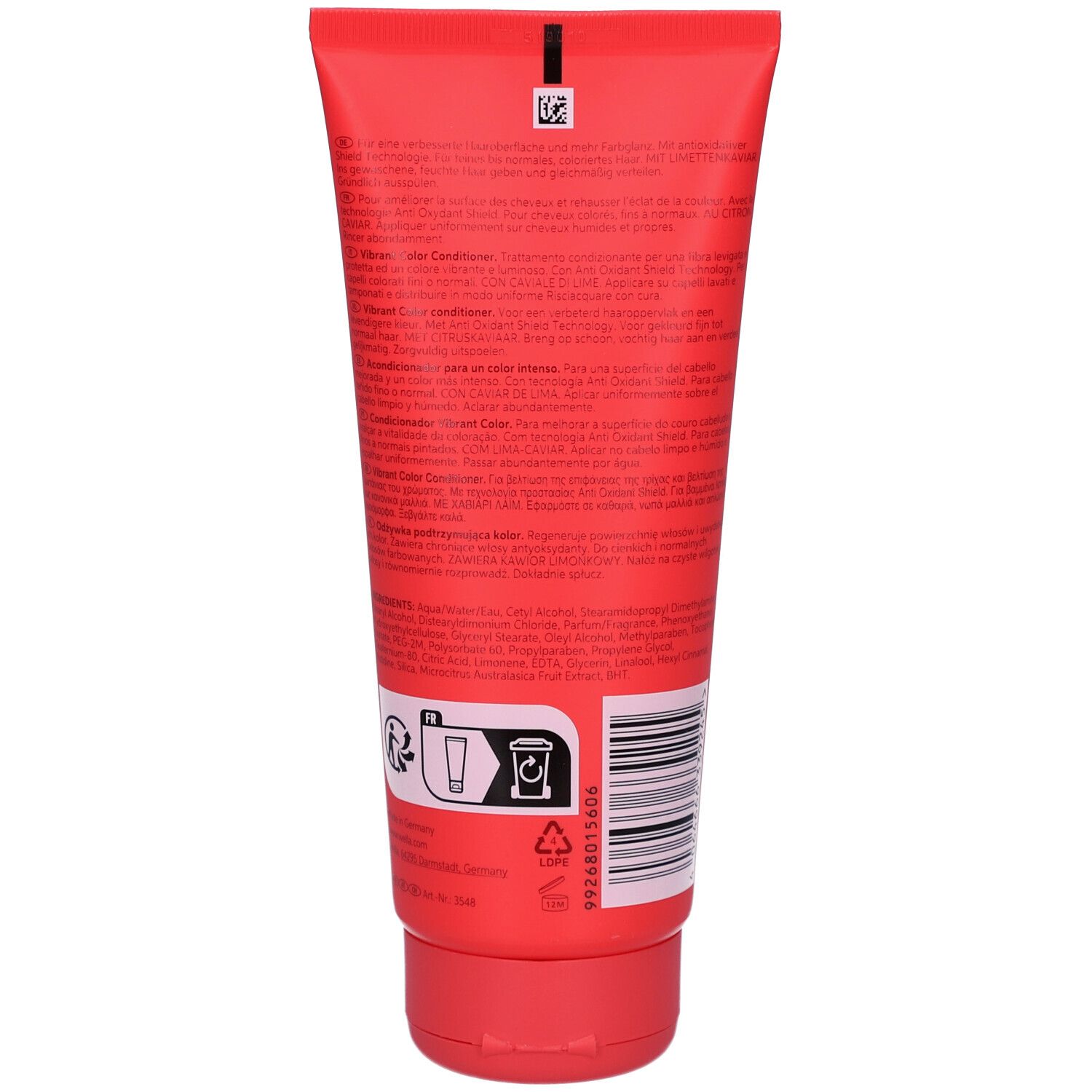 Retro di un tubo rosso. Testo in più lingue. Codice a barre e simbolo di riciclaggio. Contiene informazioni sul prodotto.