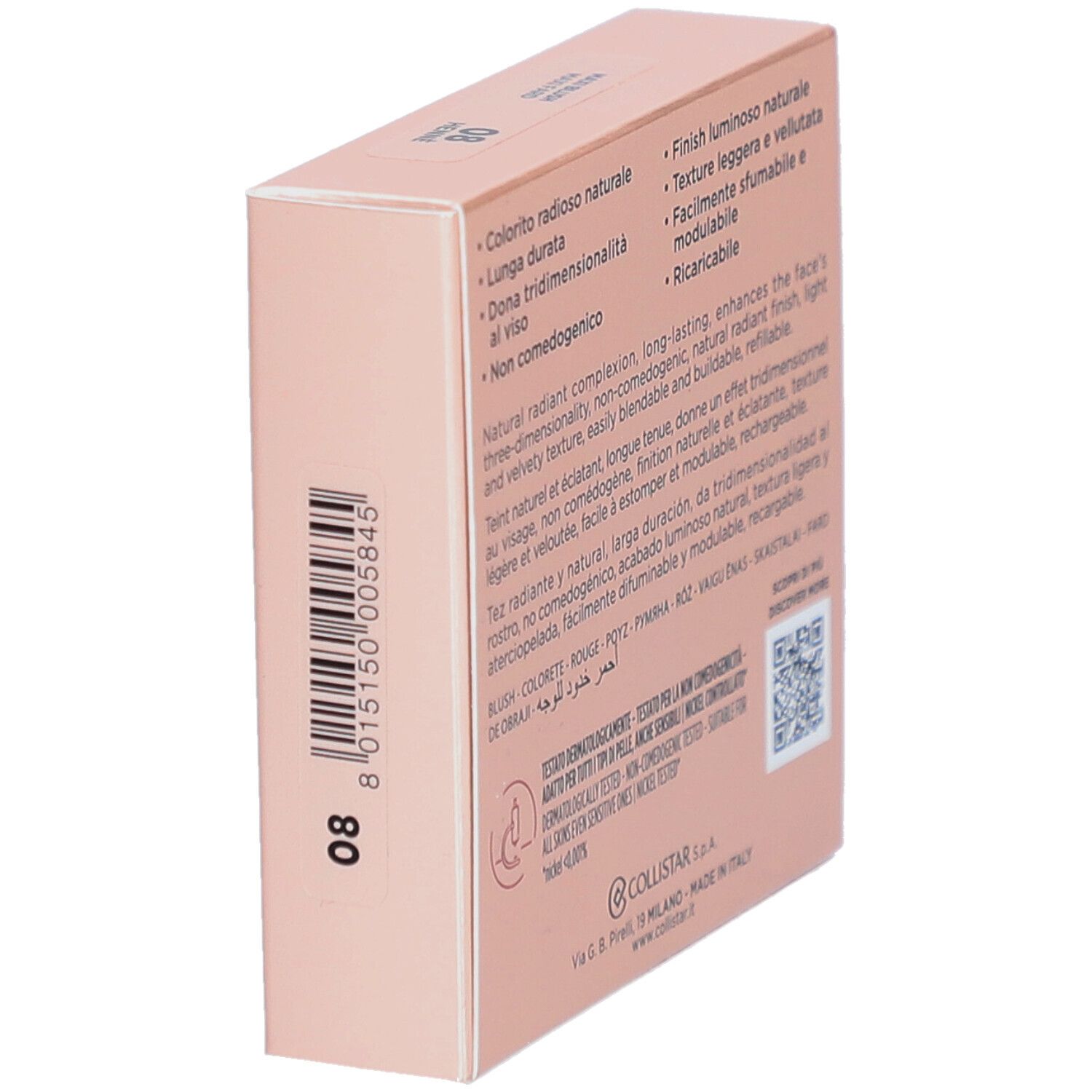 Retro della confezione blush obliqua. Testo e codice QR. Sfondo rosa.