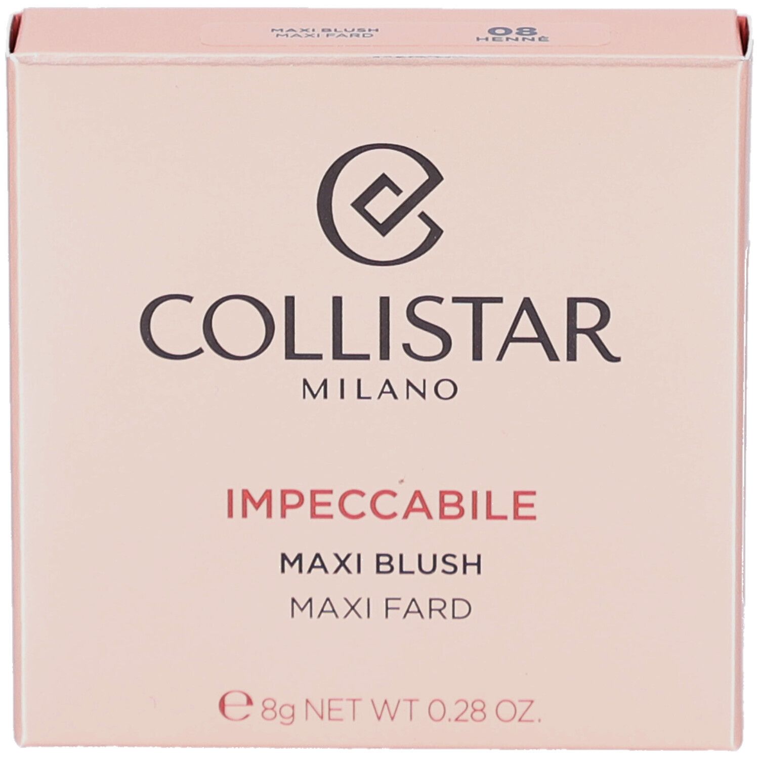 Confezione blush rosa. Logo e nome del prodotto. Contiene 8g.