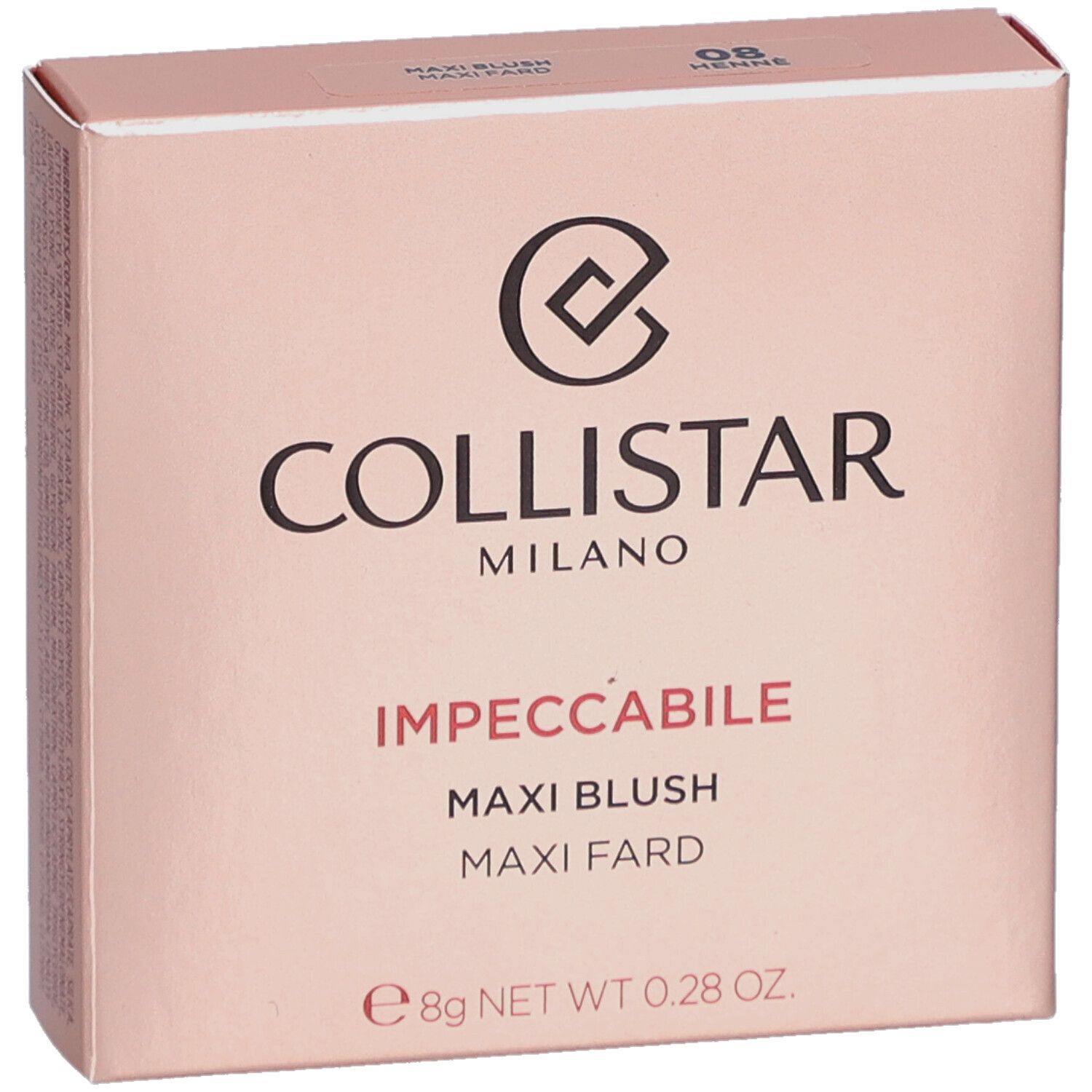 Confezione blush rosa. Logo e nome del prodotto. Contiene 8g.