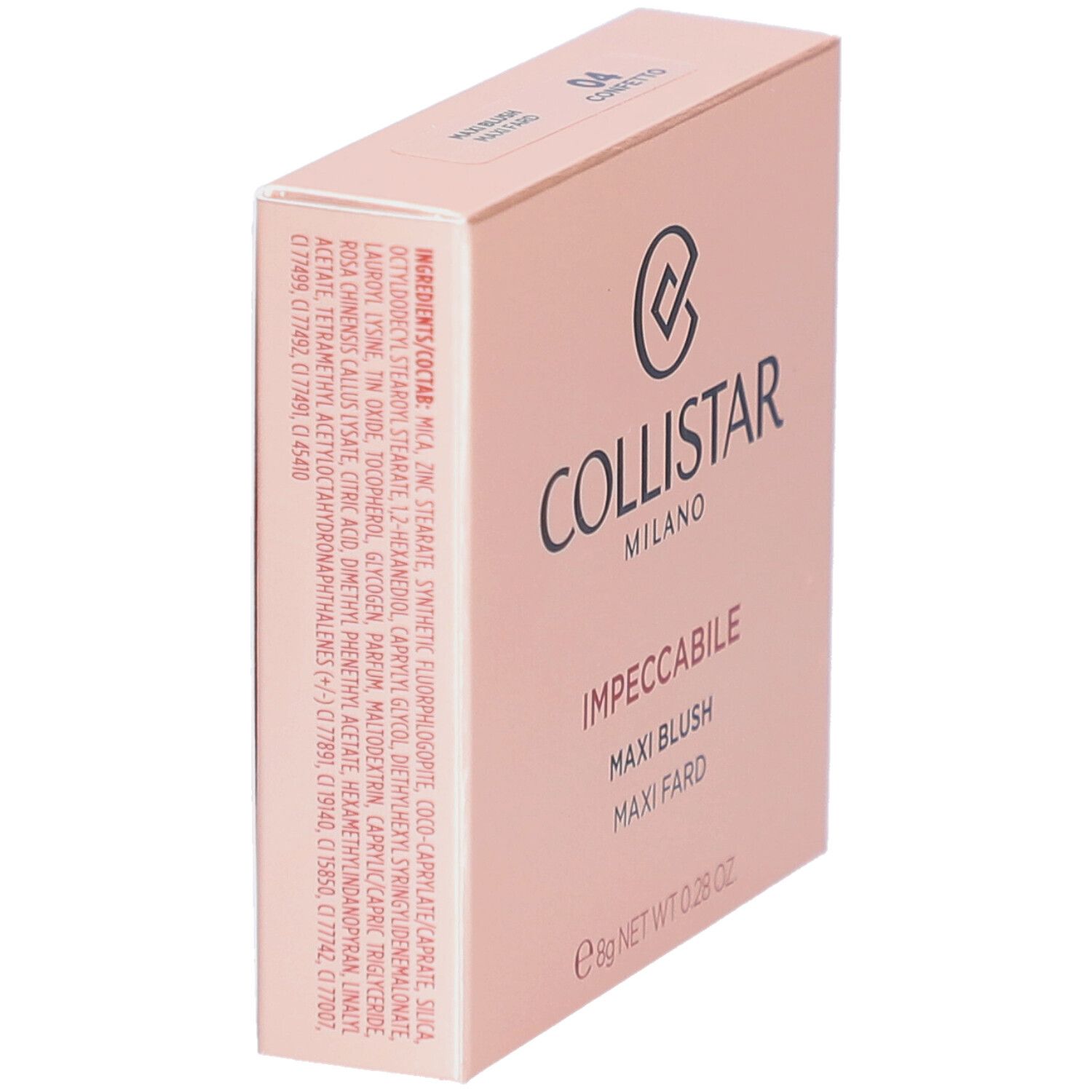 Scatola rosa. Logo e scritta COLLISTAR MILANO. Nome prodotto: IMPPECCABILE MAXI BLUSH. Ingredienti.
