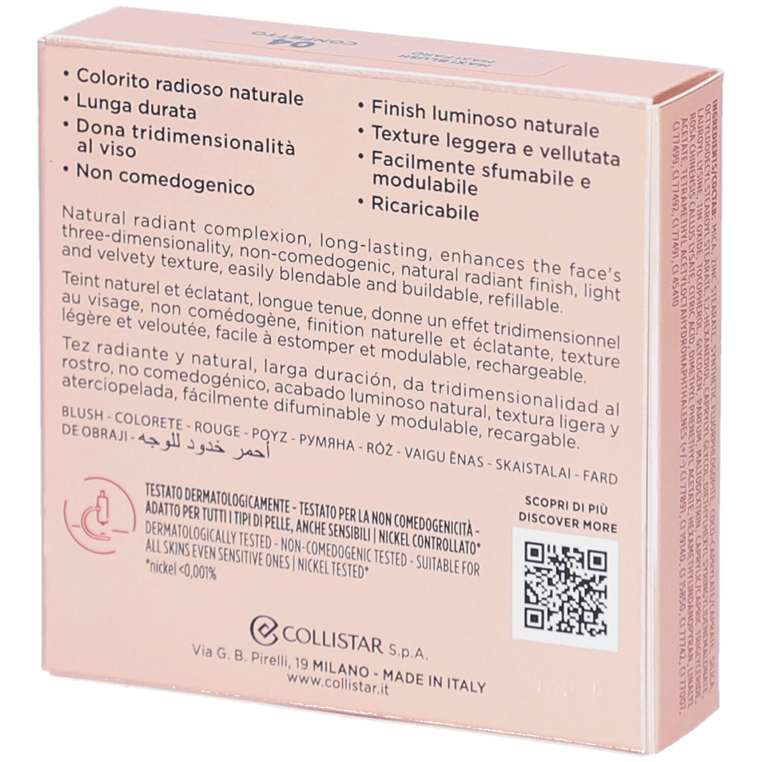 Scatola rosa. Logo e scritta COLLISTAR MILANO. Nome prodotto: IMPPECCABILE MAXI BLUSH. Testo multilingue.