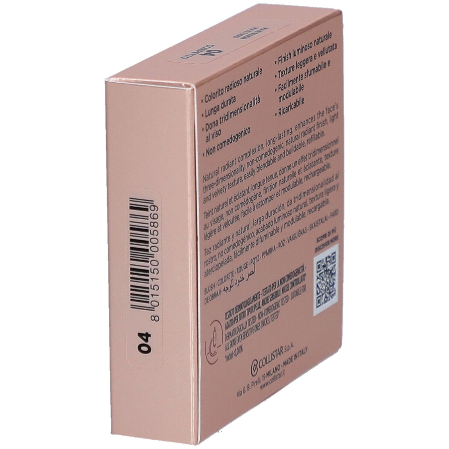 Scatola rosa. Logo e scritta COLLISTAR MILANO. Nome prodotto: IMPPECCABILE MAXI BLUSH. Tonalità 04.