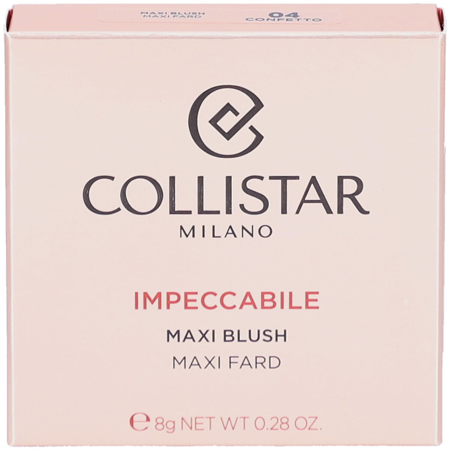 Scatola rosa. Logo e scritta COLLISTAR MILANO. Nome prodotto: IMPPECCABILE MAXI BLUSH. Tonalità 04.