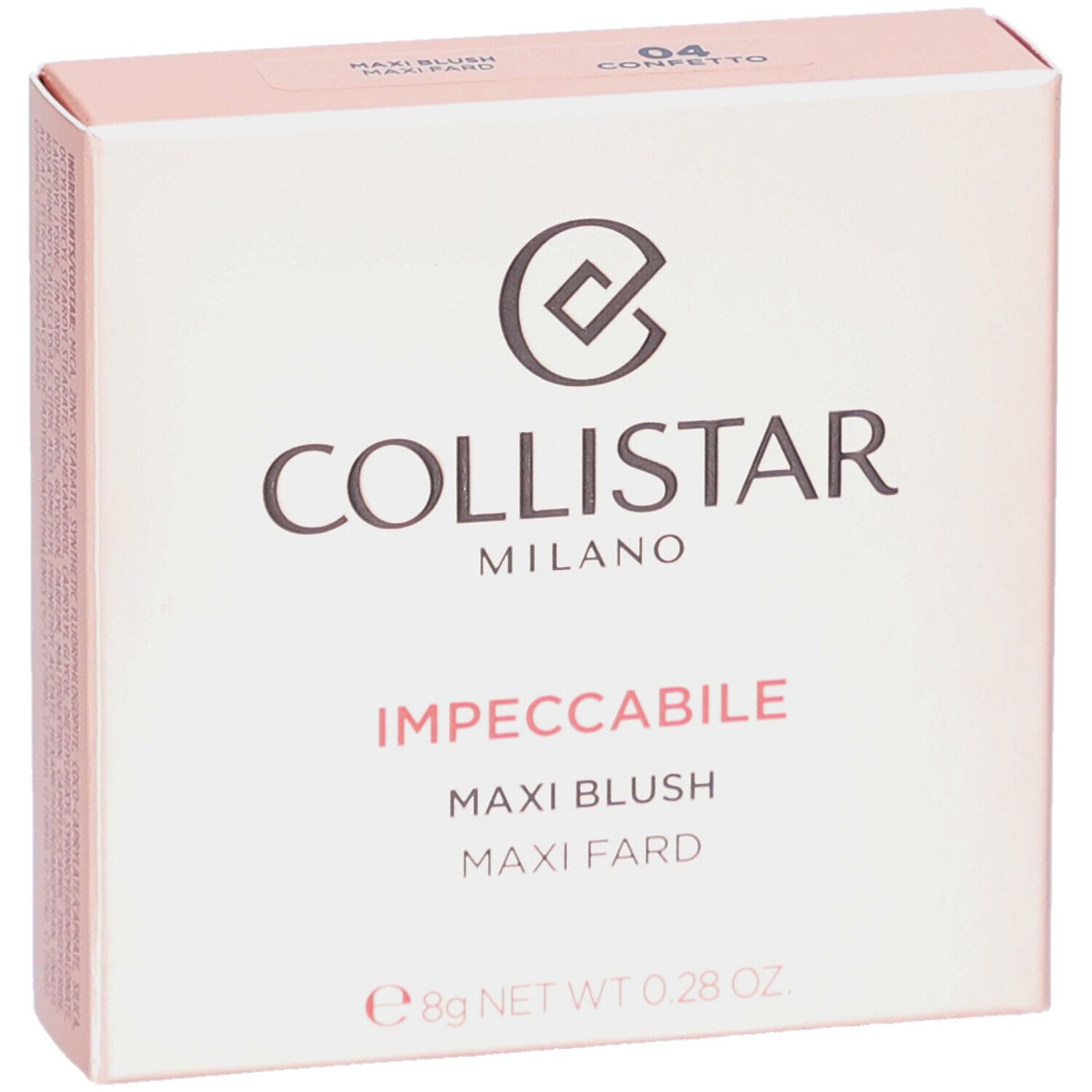 Scatola rosa. Logo e scritta COLLISTAR MILANO. Nome prodotto: IMPPECCABILE MAXI BLUSH. Tonalità 04.