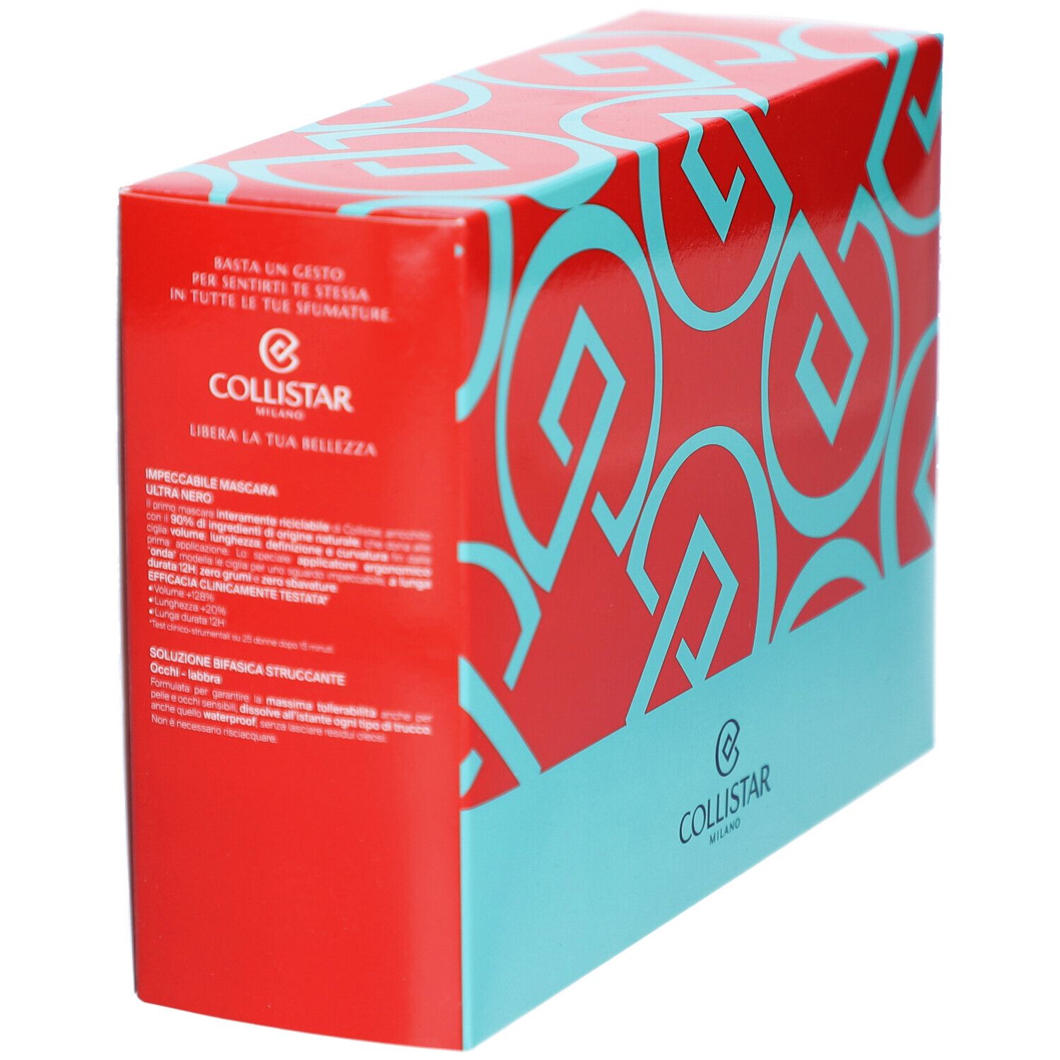 Confezione rettangolare rossa con motivi geometrici turchesi e testo. Logo e testo sul lato.