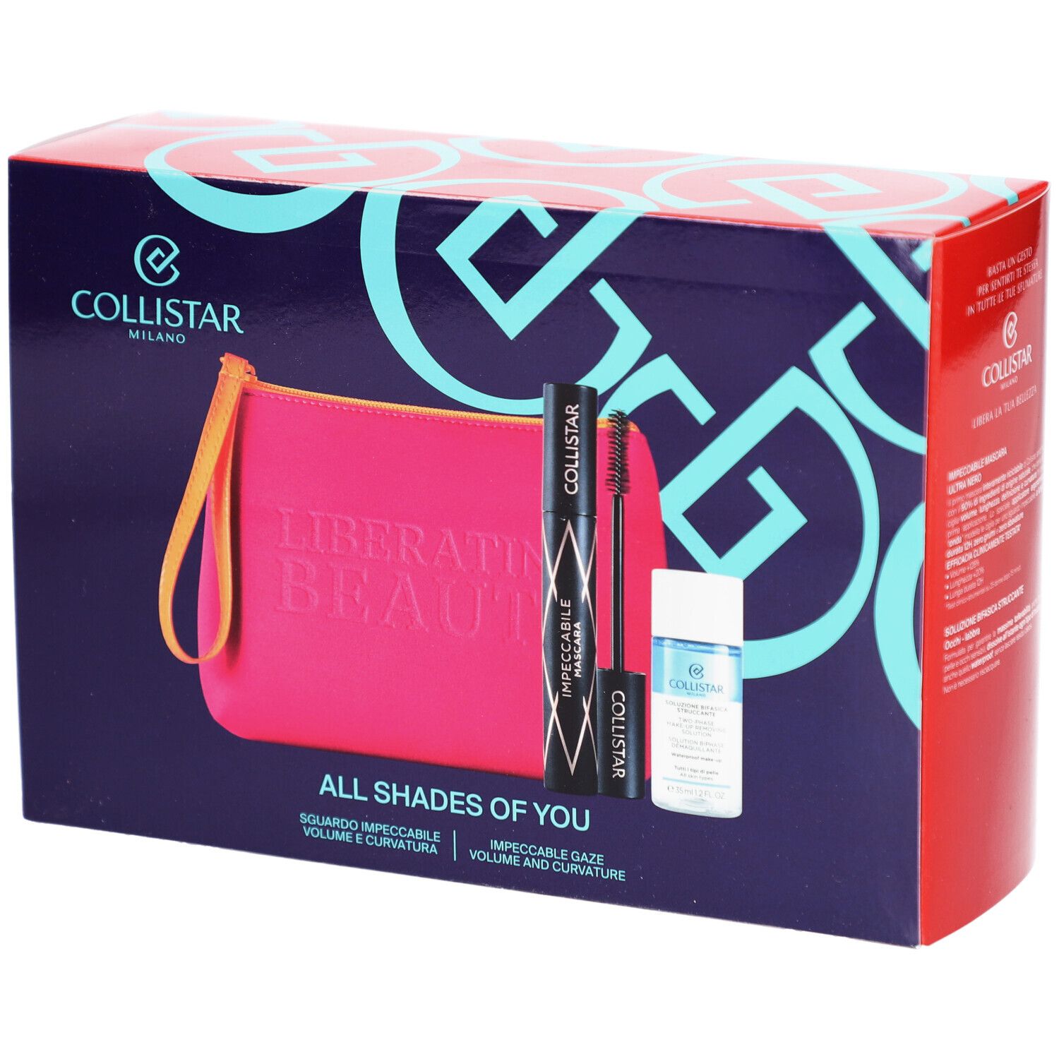 Confezione viola scuro con mascara, struccante, pochette rosa. Testo: ALL SHADES OF YOU.